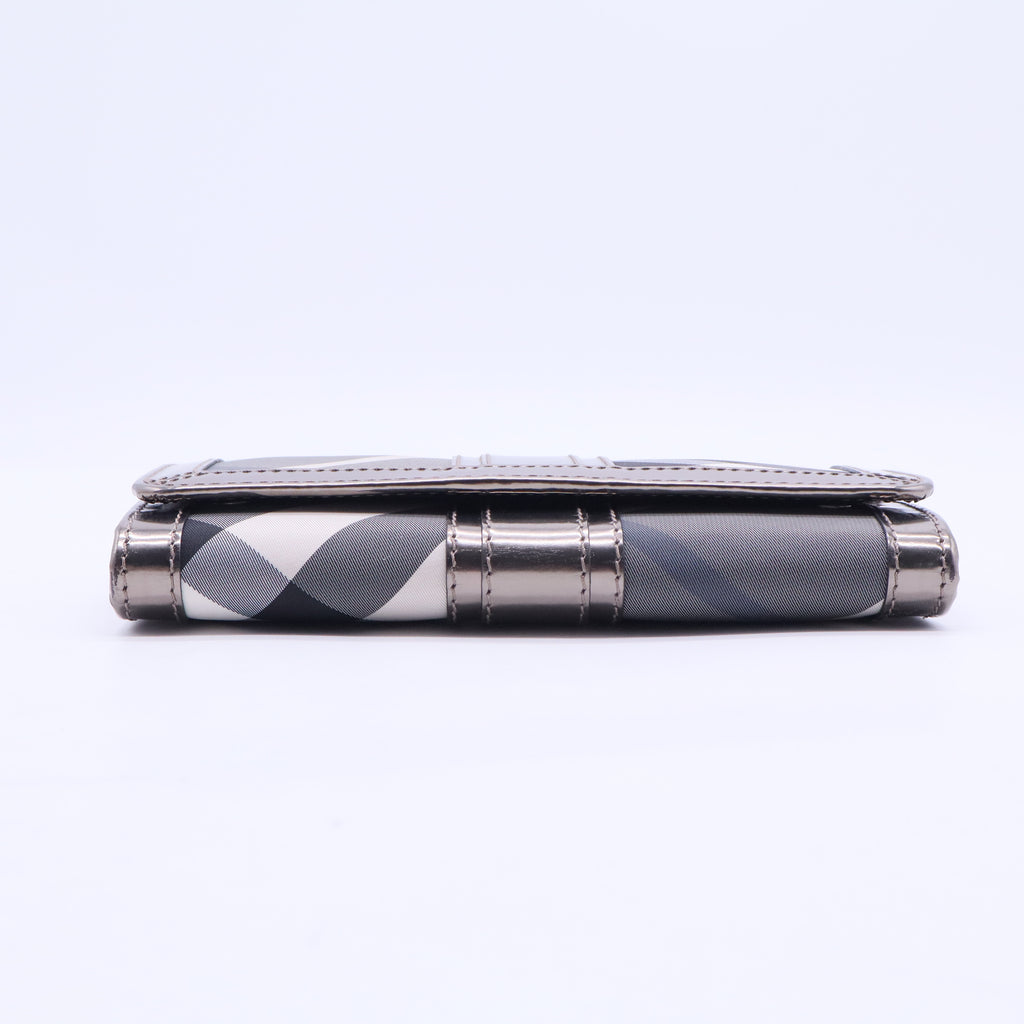 Metallic Grey Beat Check Nylon and Patent Leather Penrose Continental Wallet