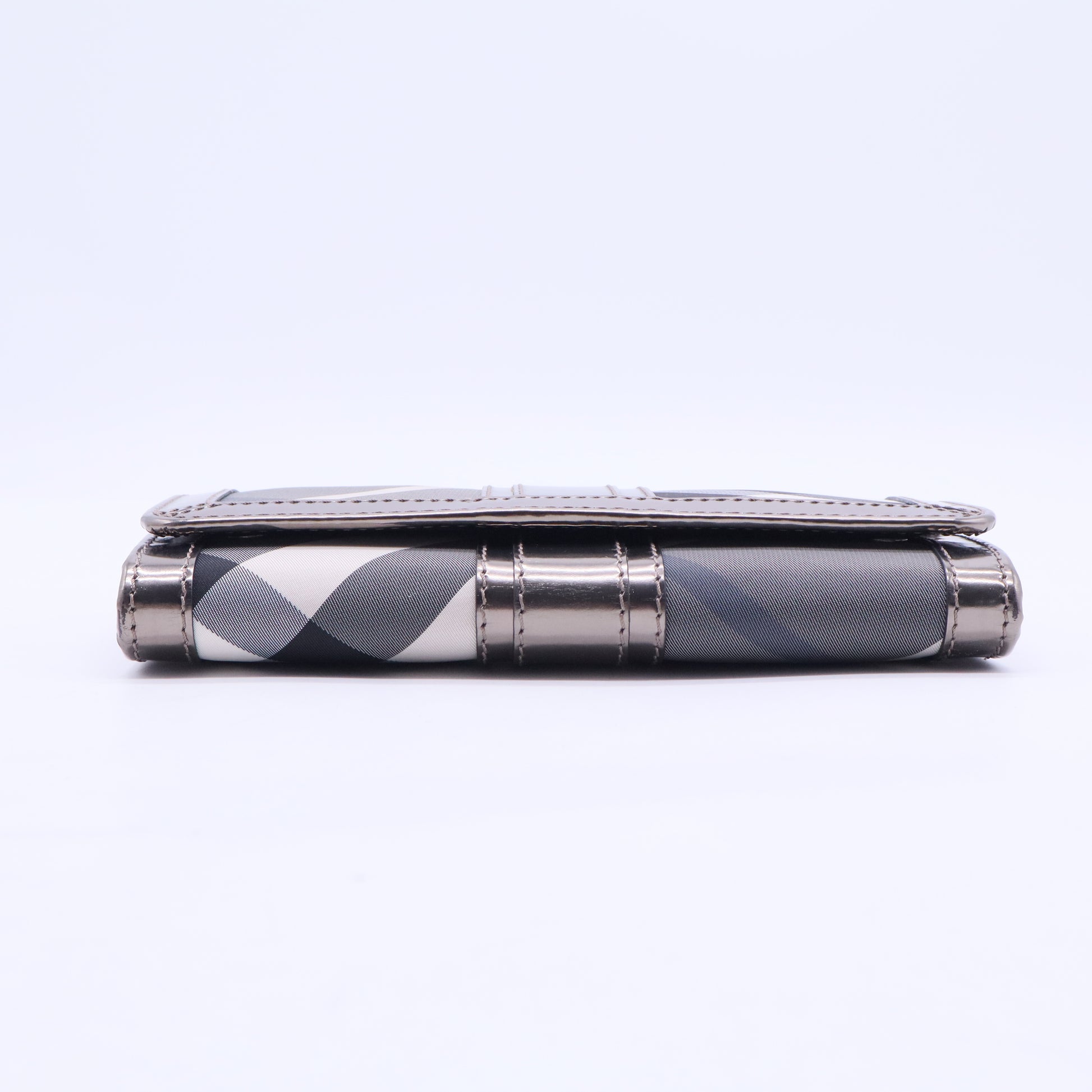 Metallic Grey Beat Check Nylon and Patent Leather Penrose Continental Wallet