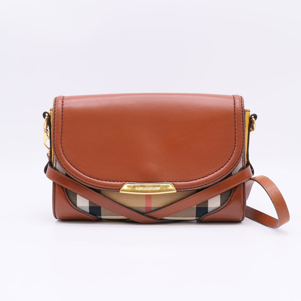 Burberry House Check Bridle Calfskin Small Abbott Crossbody Bag Tan twins B23100