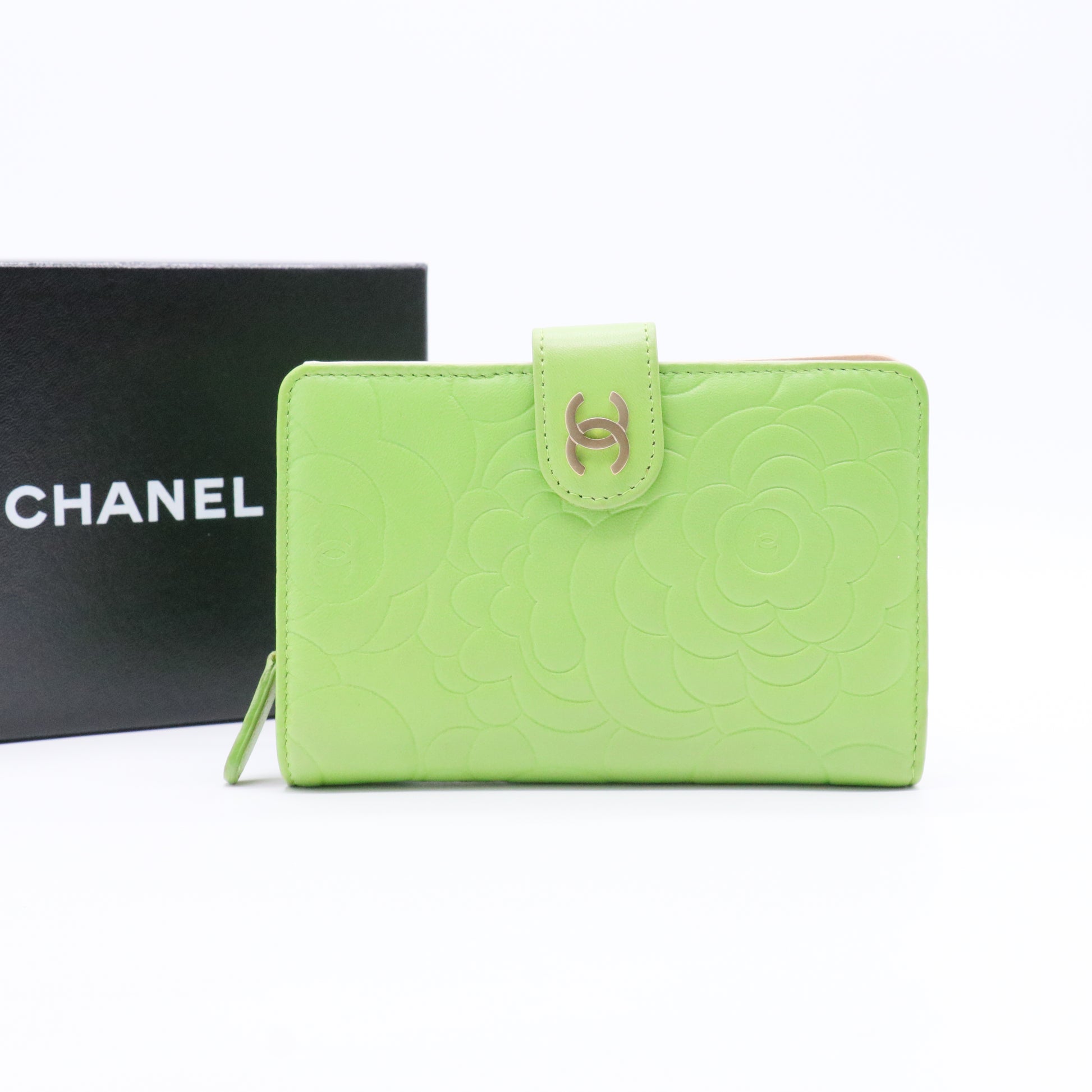 Lambskin Embossed Camellia Large Gusset Flap Wallet