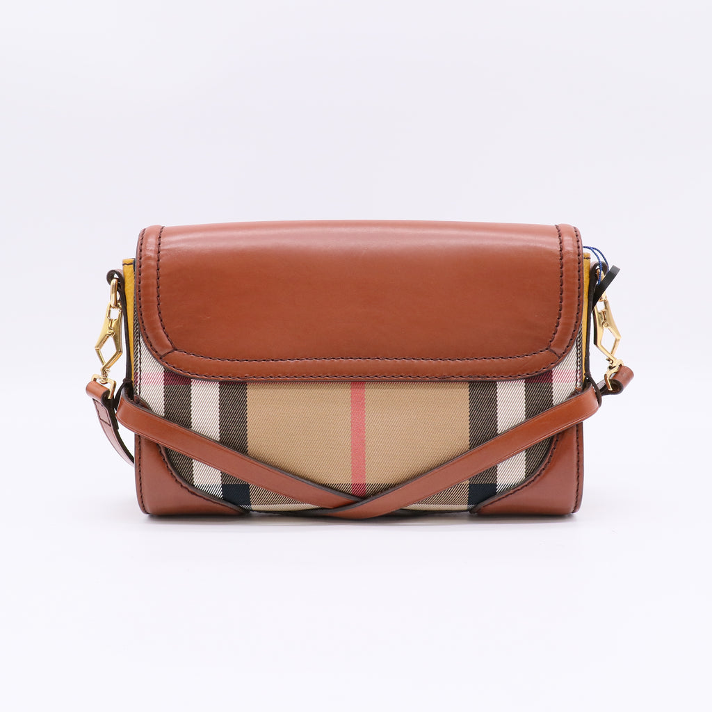 Burberry House Check Bridle Calfskin Small Abbott Crossbody Bag Tan twins B23100