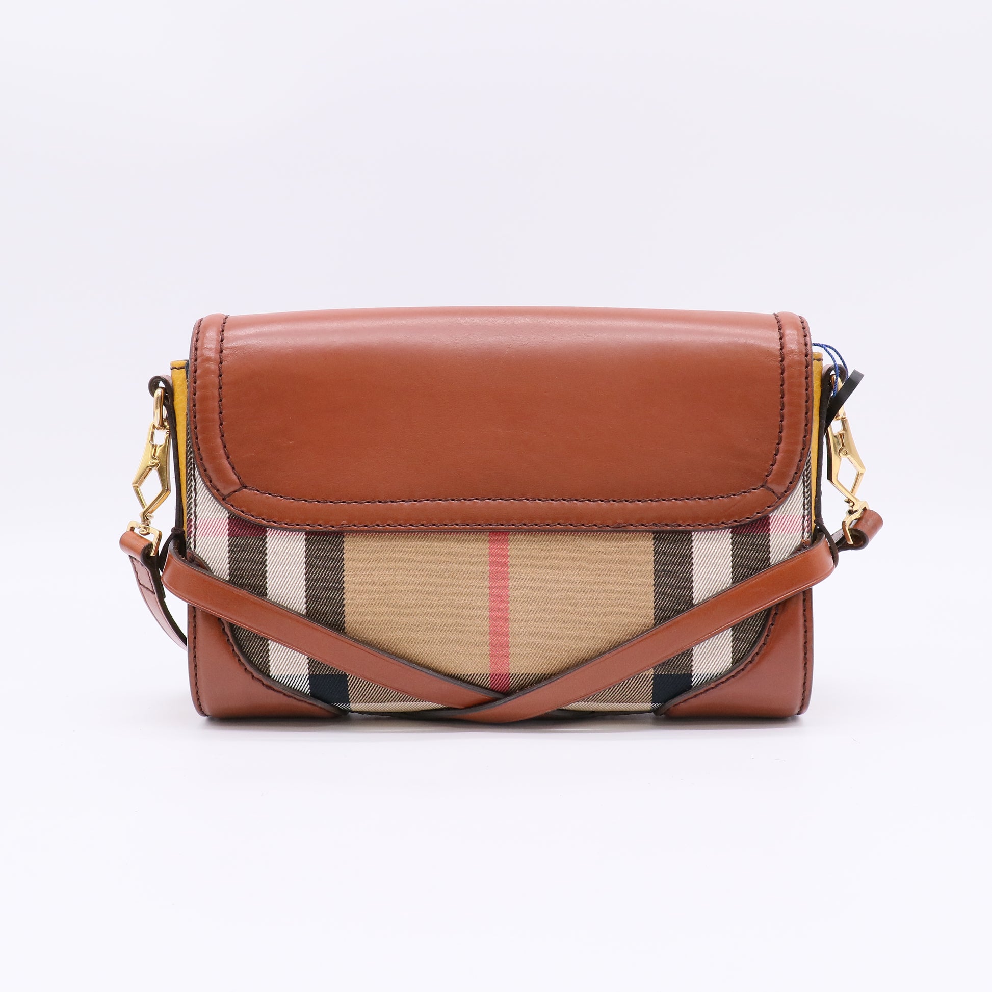 Burberry House Check Bridle Calfskin Small Abbott Crossbody Bag Tan twins B23100