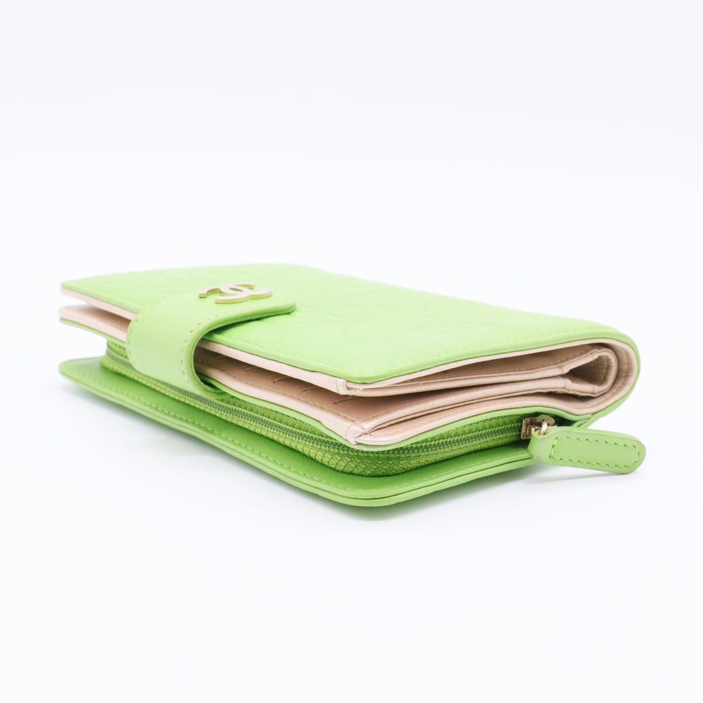 Lambskin Embossed Camellia Large Gusset Flap Wallet