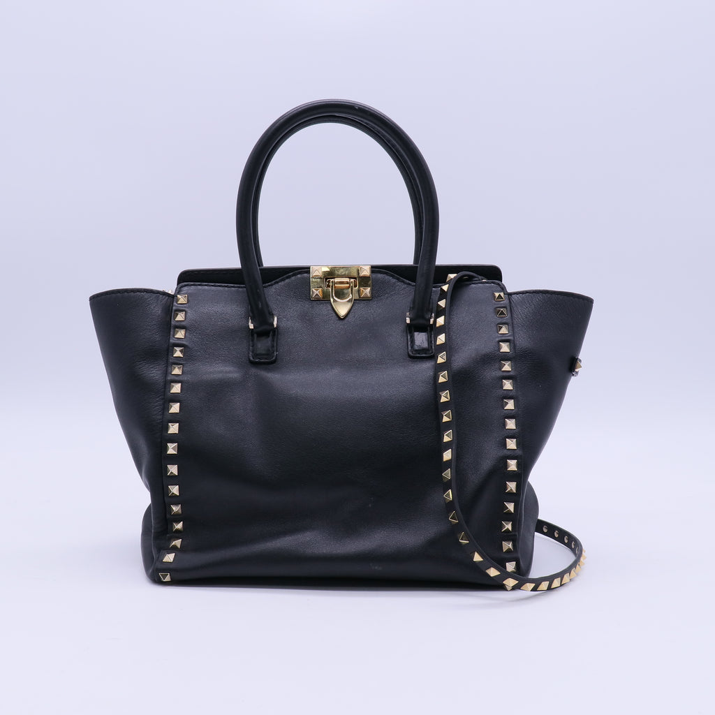 Valentino Black Leather Rockstud Medium Double Handle Tote Bag  B20954