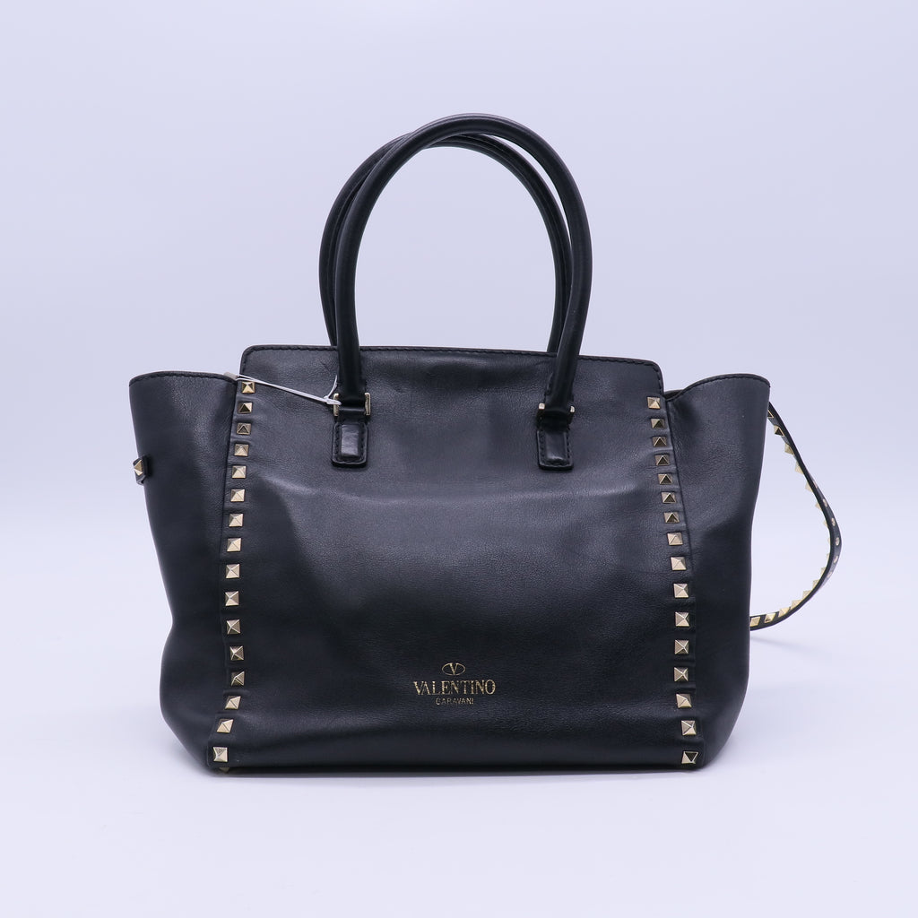 Valentino Black Leather Rockstud Medium Double Handle Tote Bag  B20954