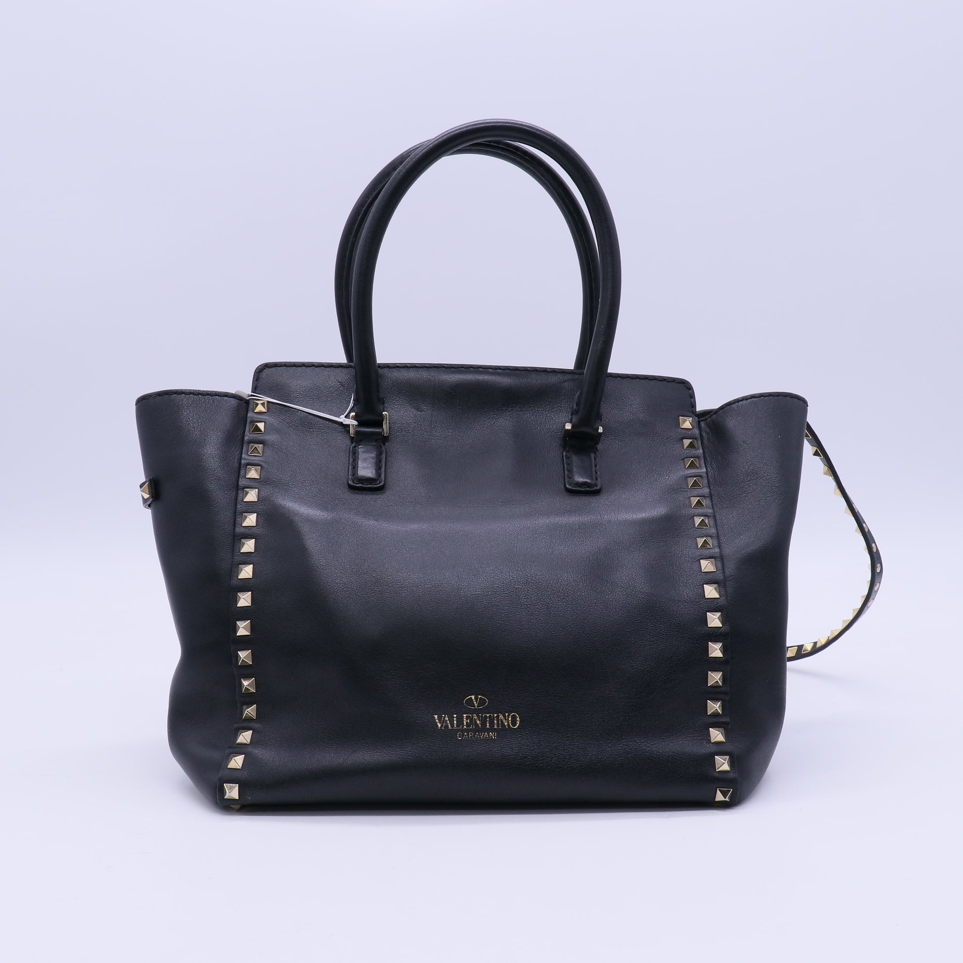 Valentino Black Leather Rockstud Medium Double Handle Tote Bag  B20954