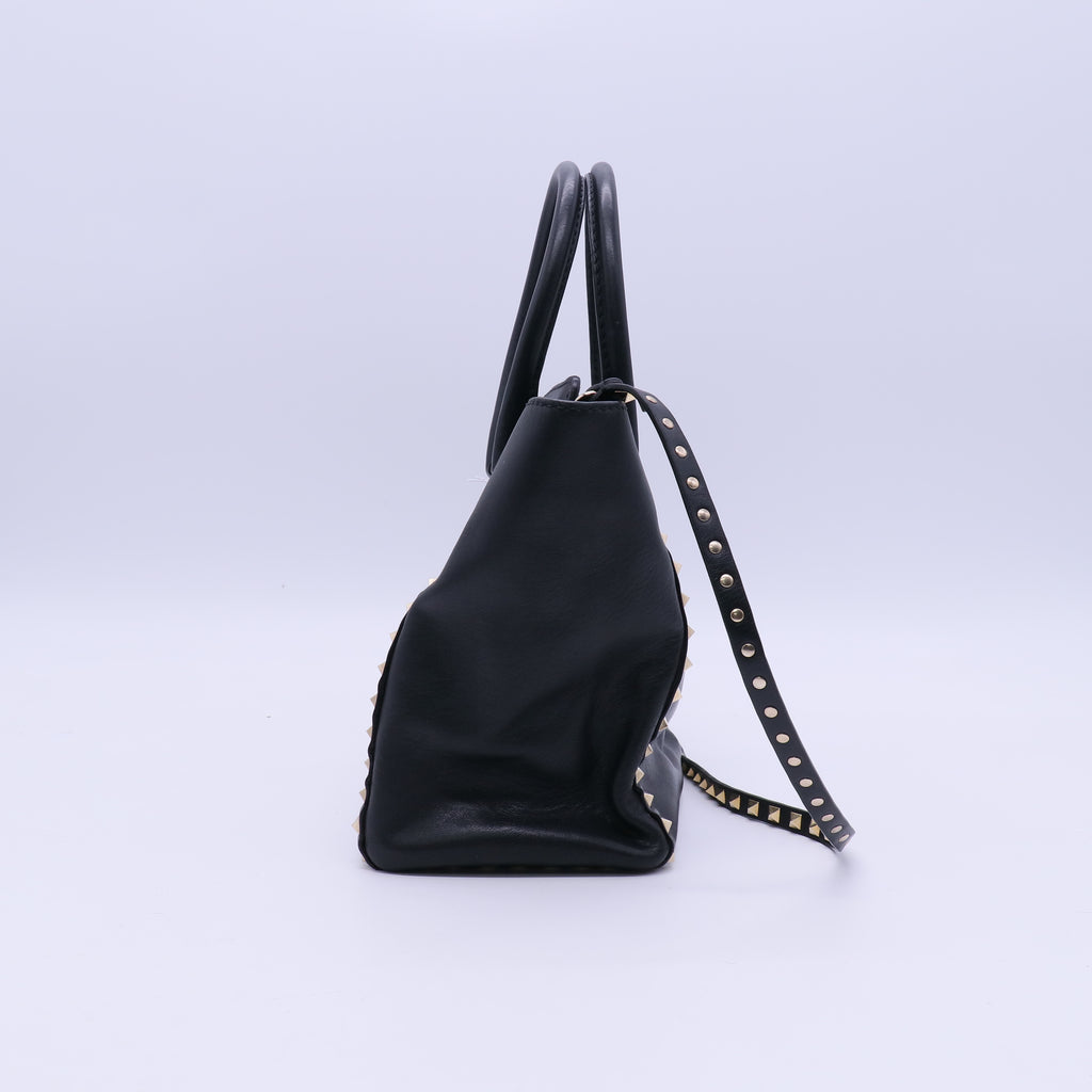 Valentino Black Leather Rockstud Medium Double Handle Tote Bag  B20954