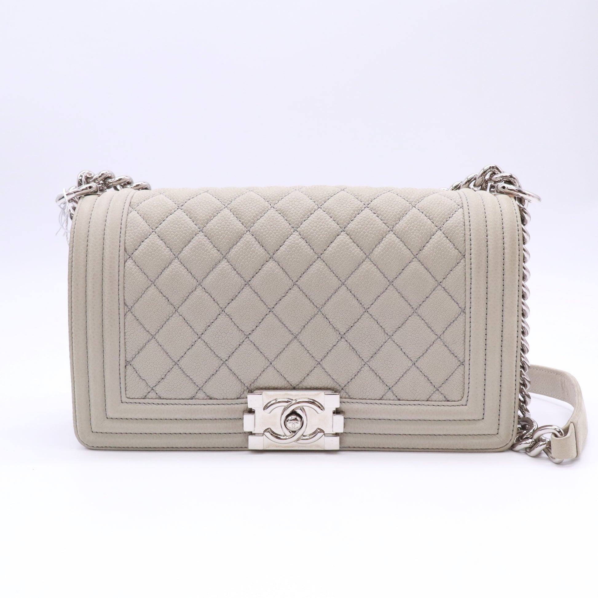 Chanel Medium Boy Flap Bag (White/Light Grey Caviar with Silver Hardware) twins LDZ735