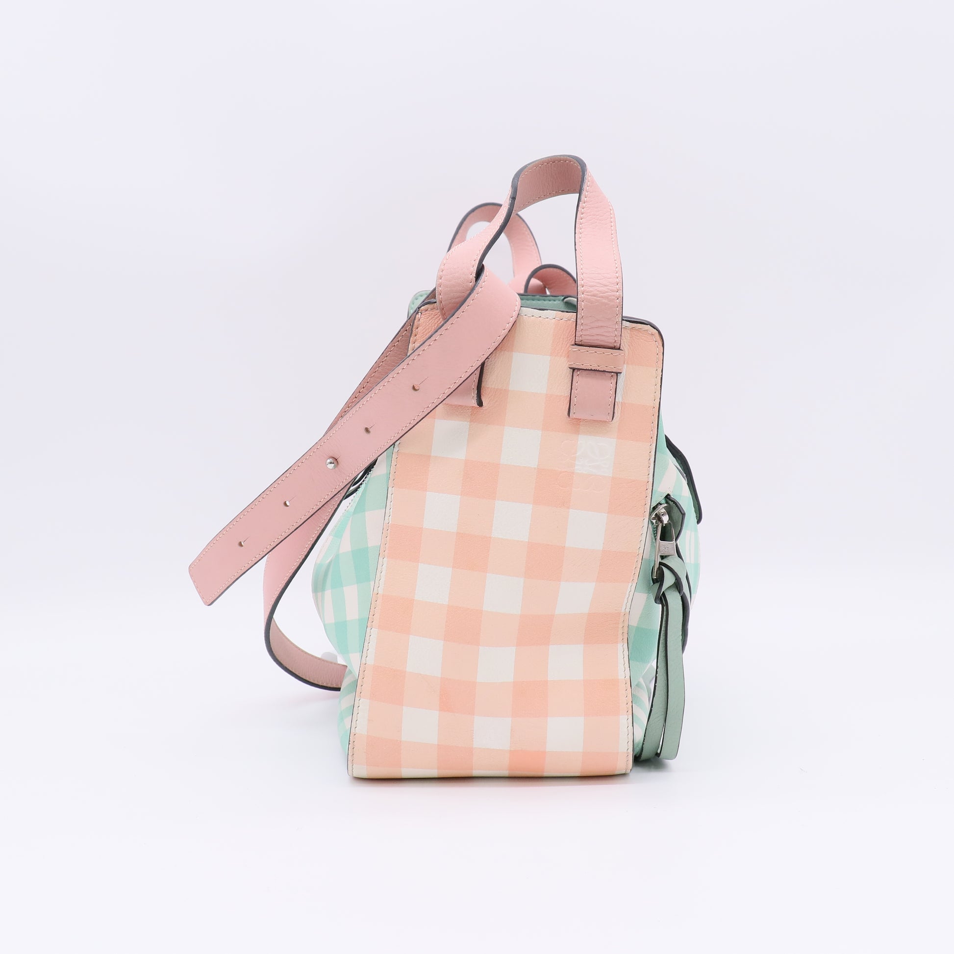 Loewe Calfskin Gingham Small Hammock Shoulder Bag Pink Green twins B22819