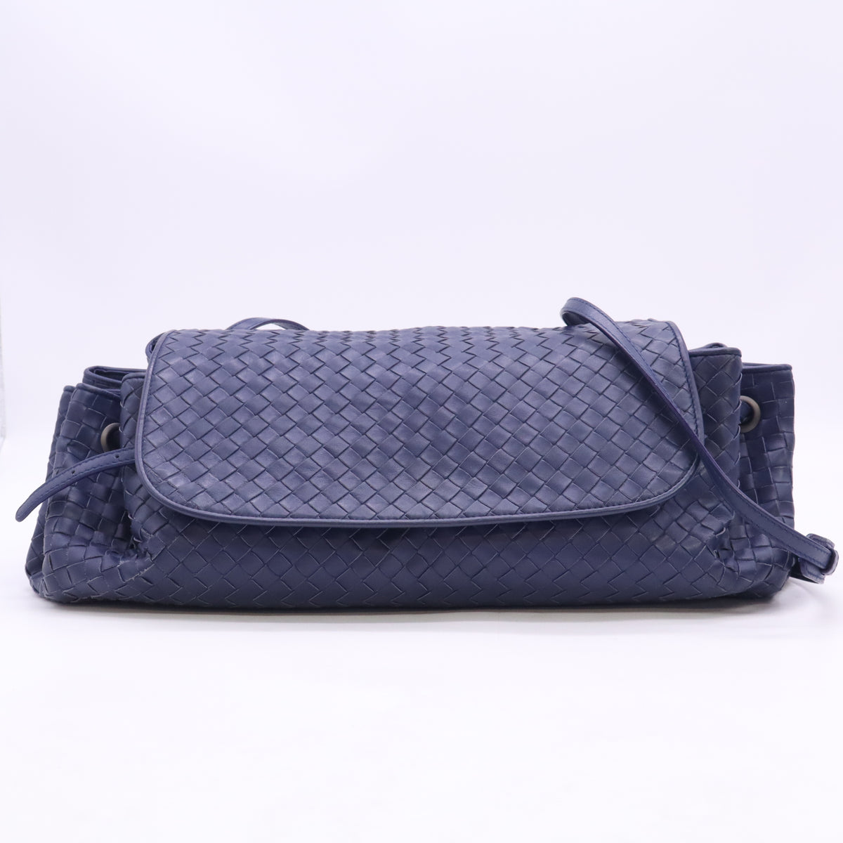 Navy Blue Intrecciato Woven Nappa Leather Shoulder Bag Twins B24666