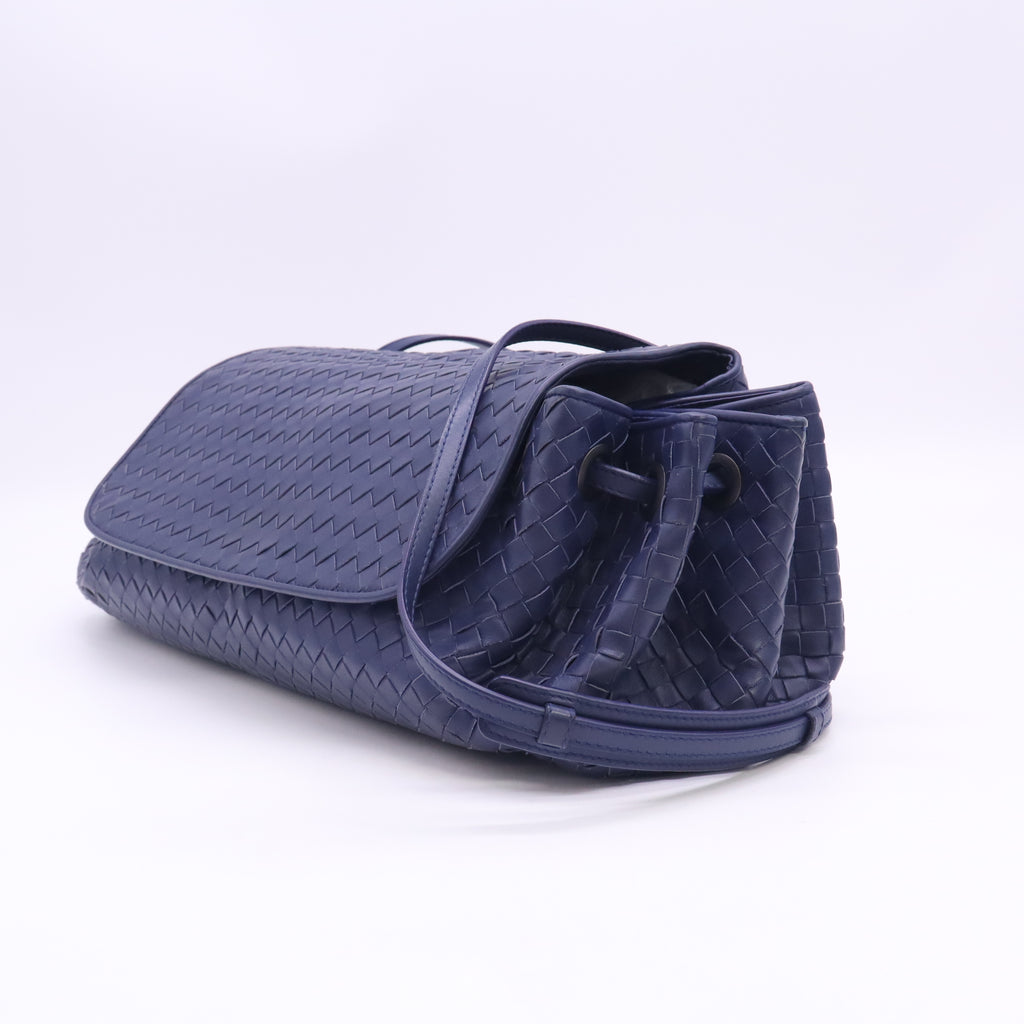 Navy Blue Intrecciato Woven Nappa Leather Shoulder Bag Twins B24666