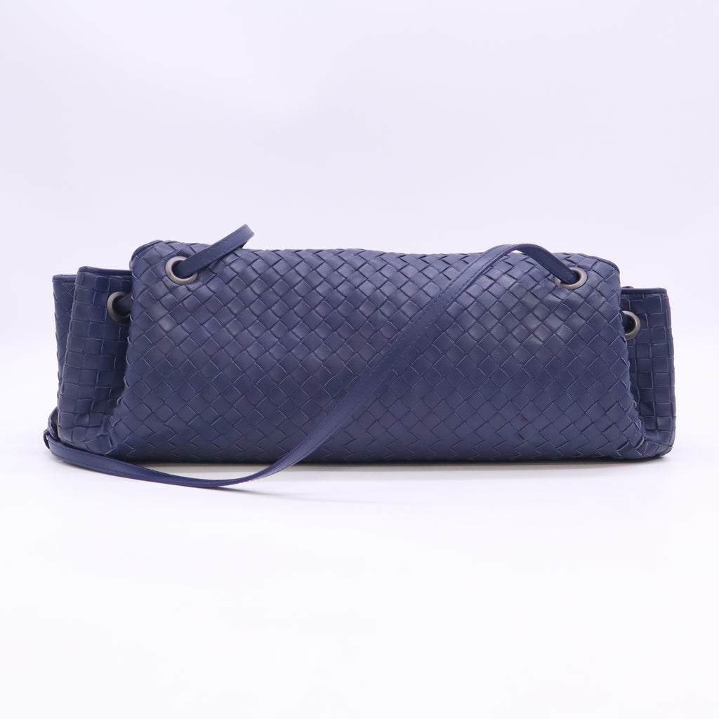 Navy Blue Intrecciato Woven Nappa Leather Shoulder Bag Twins B24666