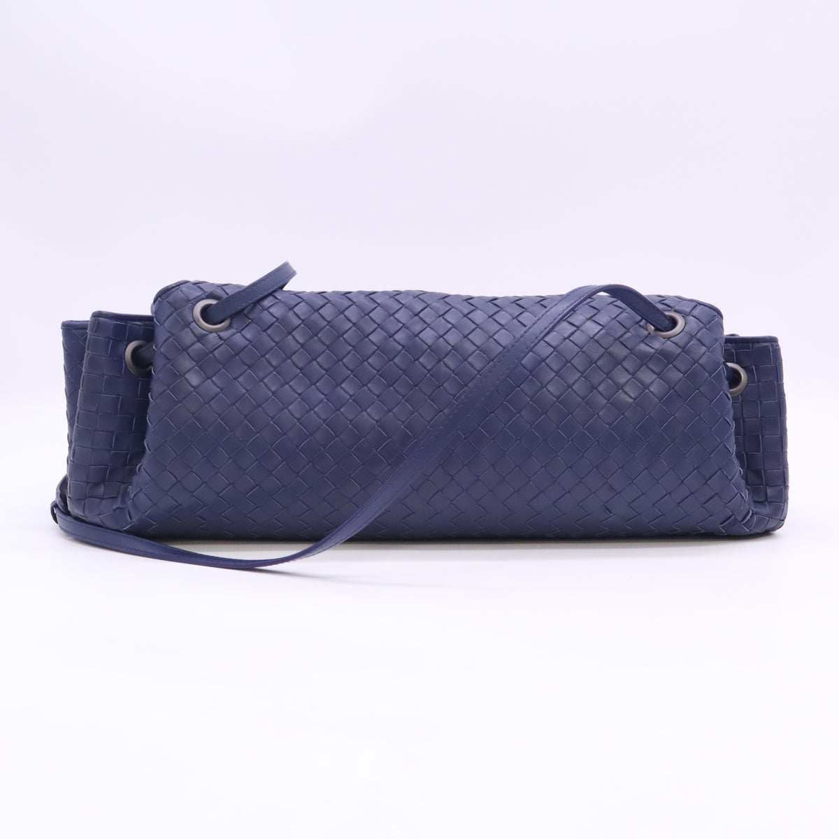 Navy Blue Intrecciato Woven Nappa Leather Shoulder Bag Twins B24666