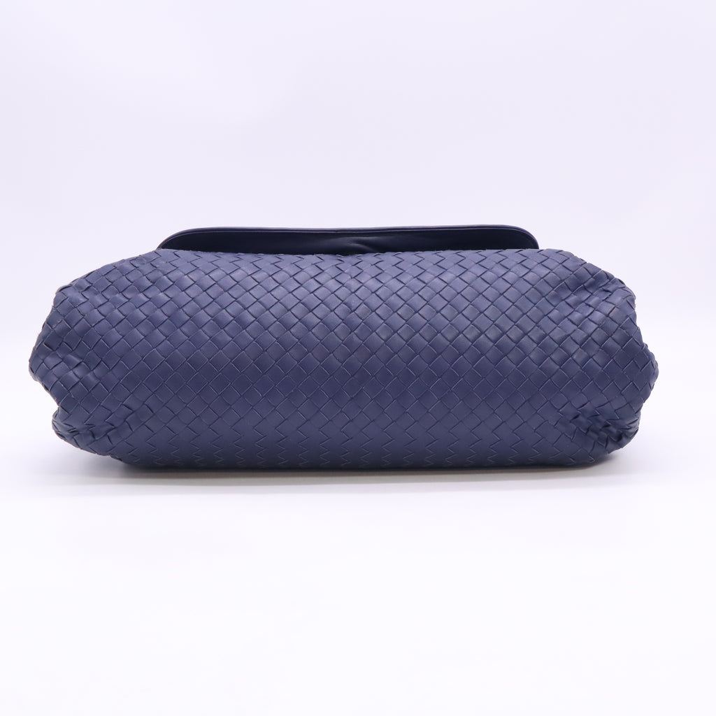 Navy Blue Intrecciato Woven Nappa Leather Shoulder Bag Twins B24666