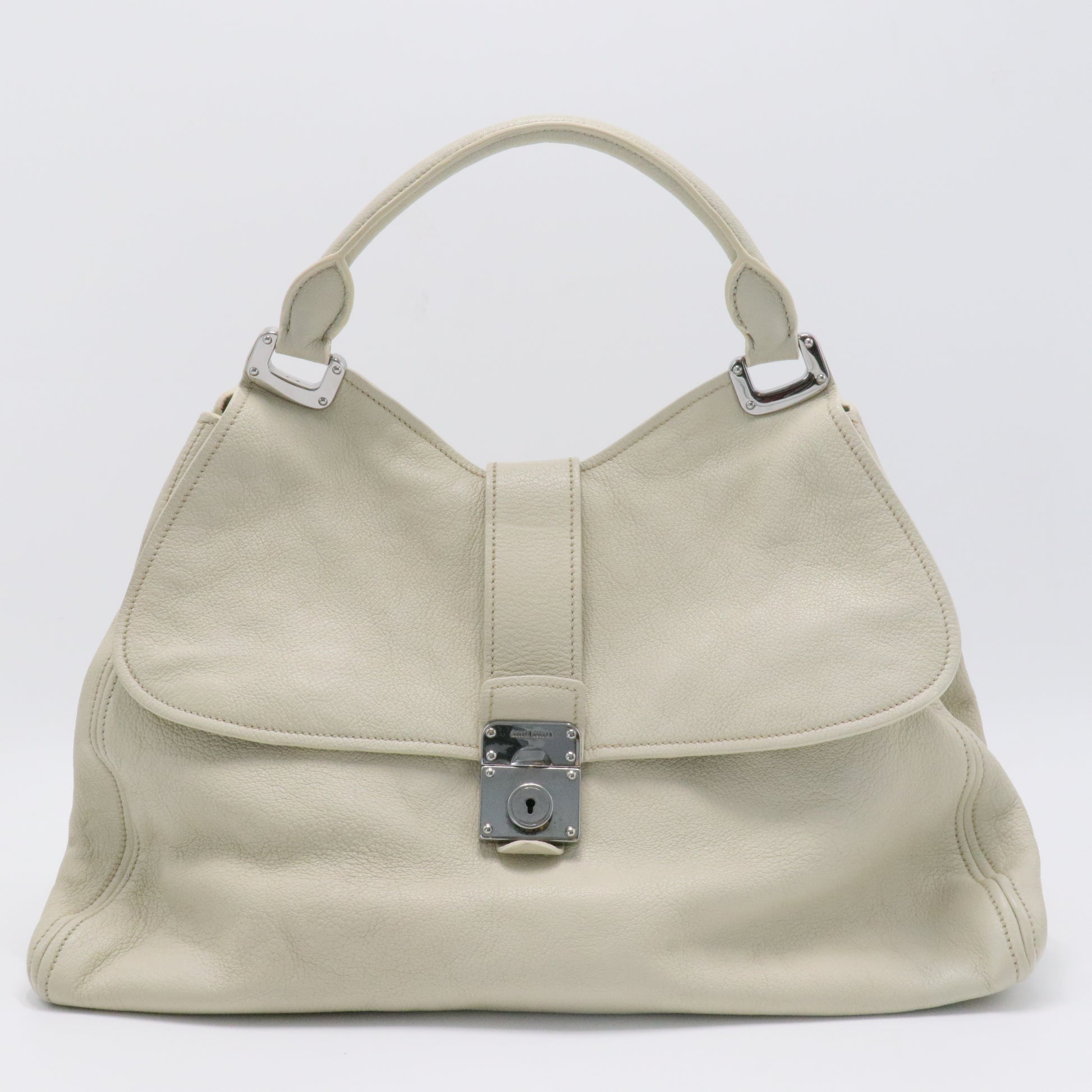 Off White Leather Pushlock Flap Top Handle Bag