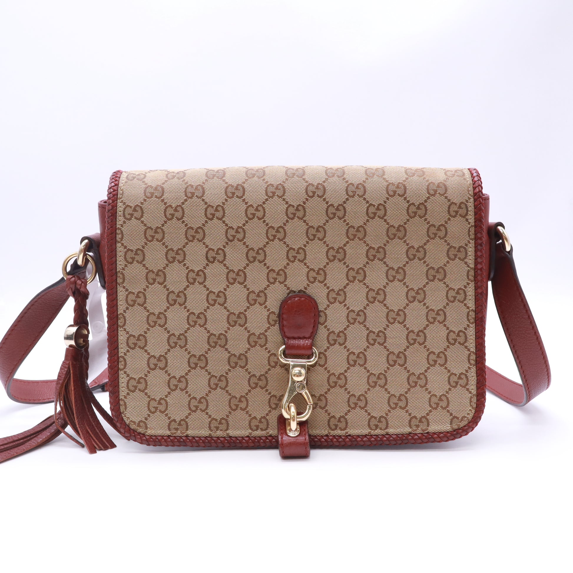 Gucci GG Canvas Marrakech Medium Messenger Flap Bag in the Beige/Bordeaux (Burgundy) B23401