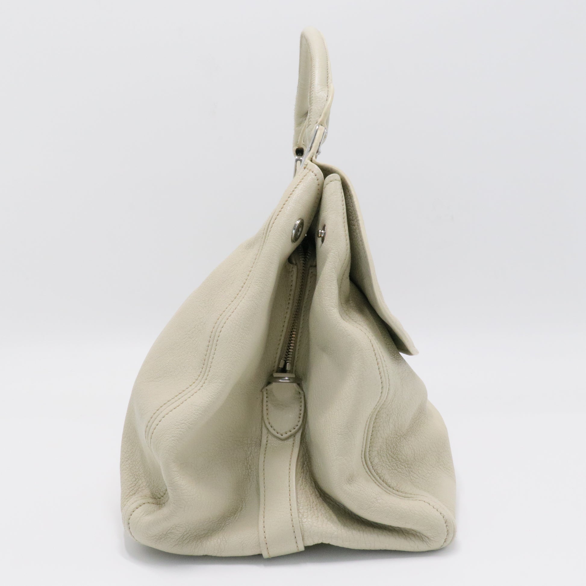 Off White Leather Pushlock Flap Top Handle Bag