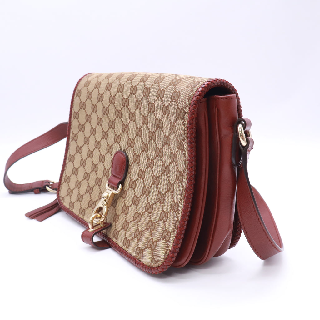 Gucci GG Canvas Marrakech Medium Messenger Flap Bag in the Beige/Bordeaux (Burgundy) B23401
