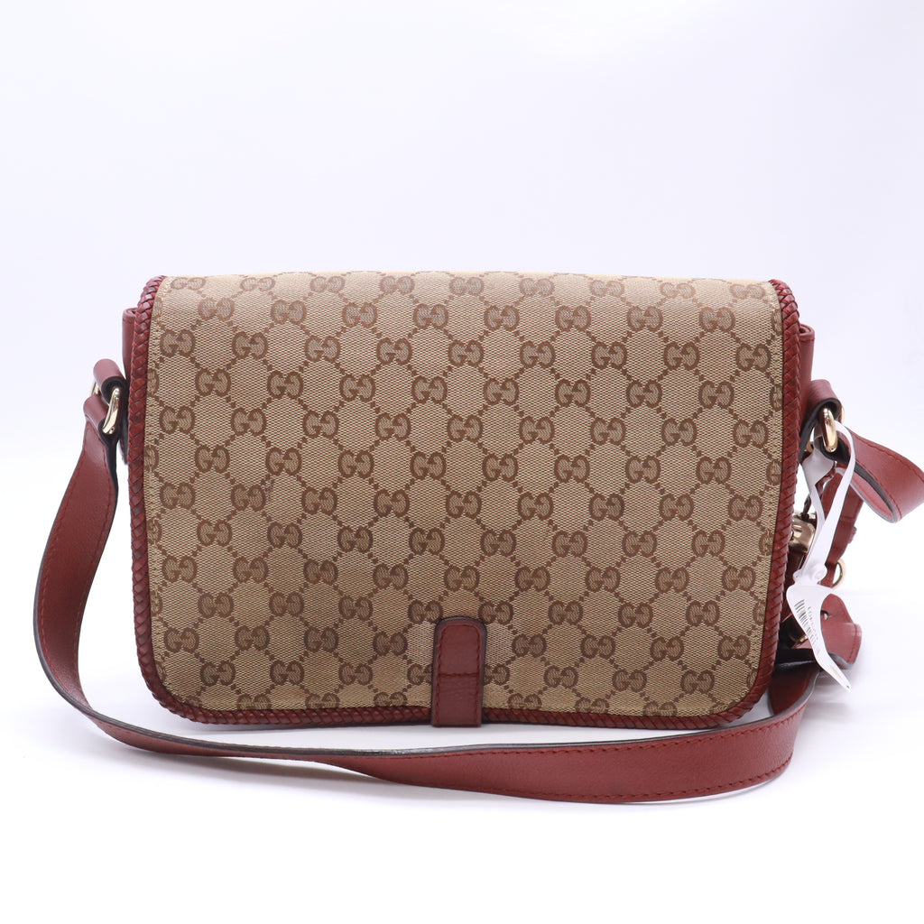 Gucci GG Canvas Marrakech Medium Messenger Flap Bag in the Beige/Bordeaux (Burgundy) B23401