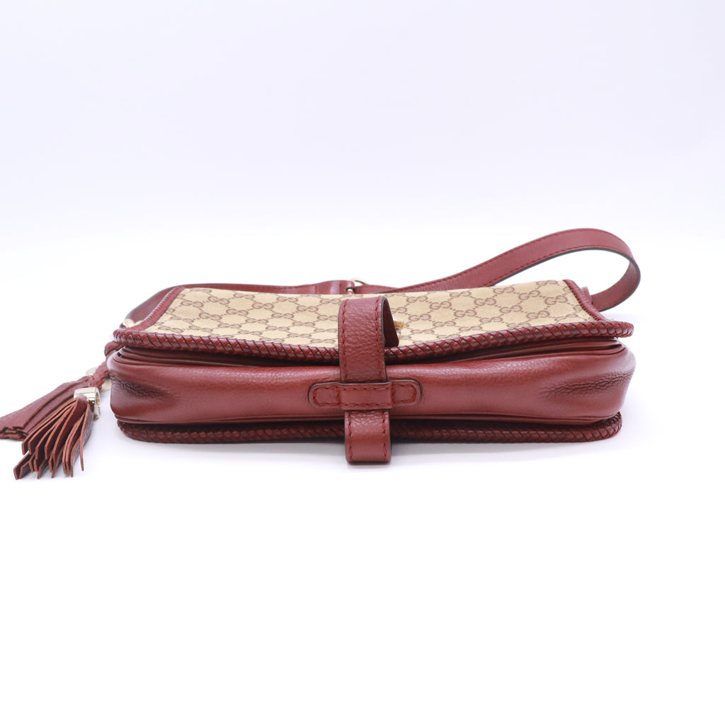 Gucci GG Canvas Marrakech Medium Messenger Flap Bag in the Beige/Bordeaux (Burgundy) B23401