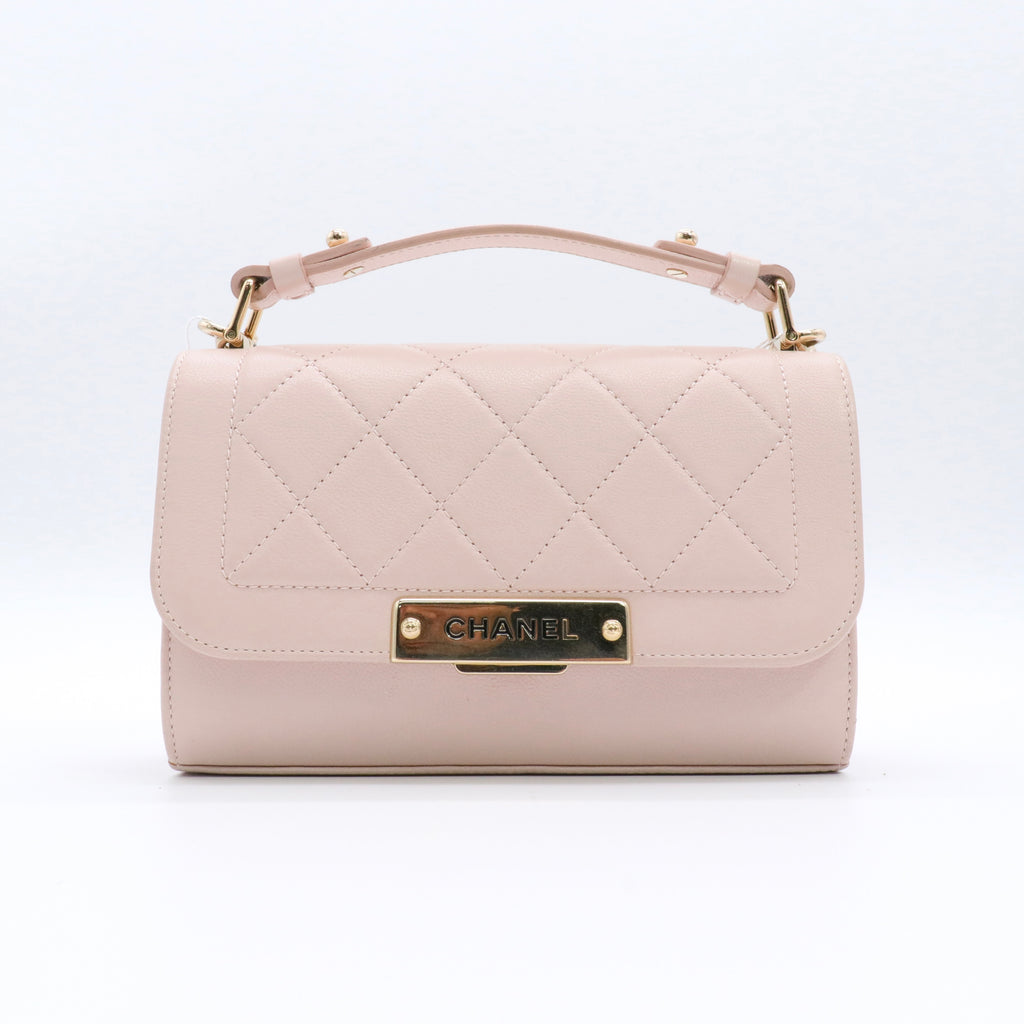 Grained Calfskin Quilted Small Label Click Flap Bag Pink twins