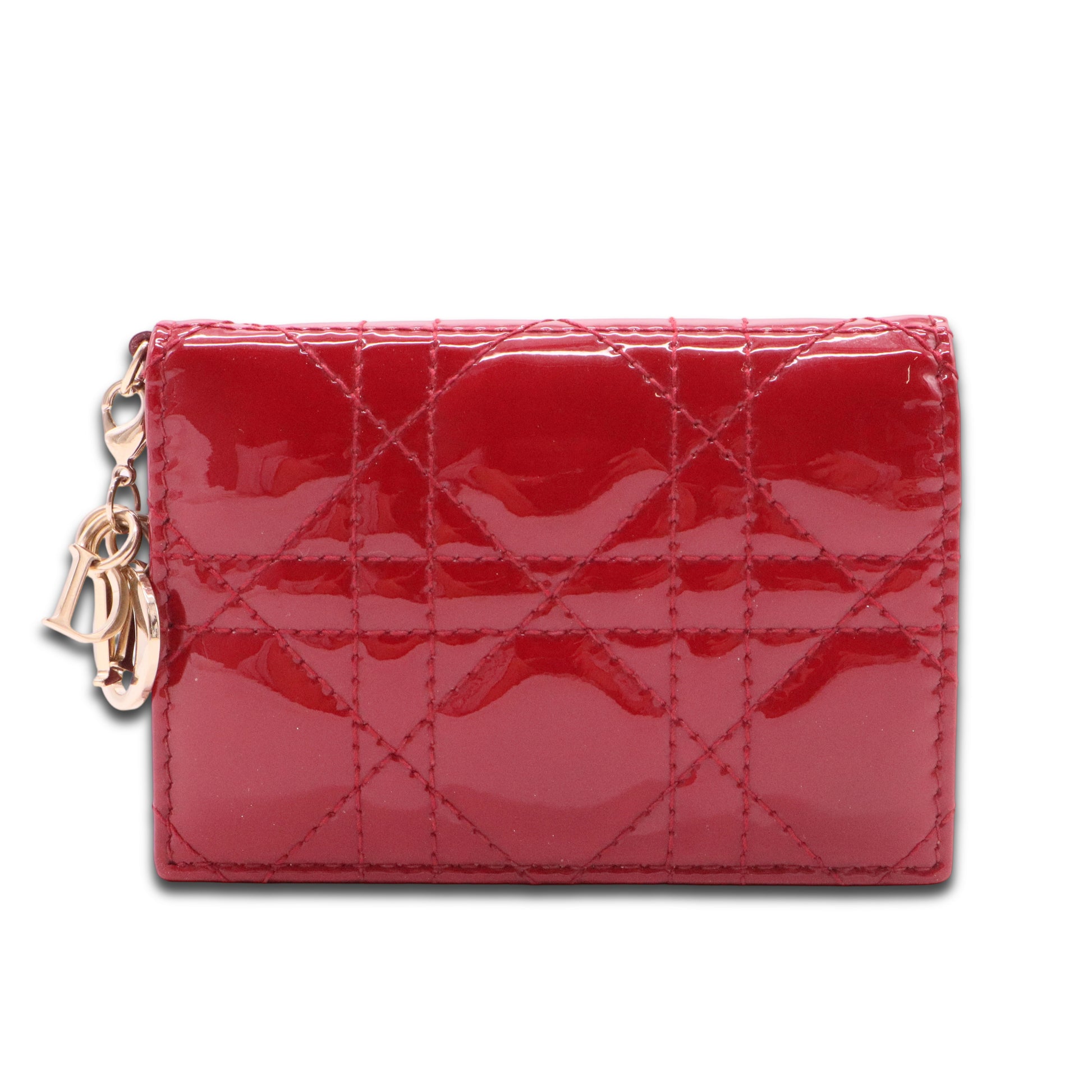 Patent Cannage Small Lady Dior Flap Card Holder Scarlet