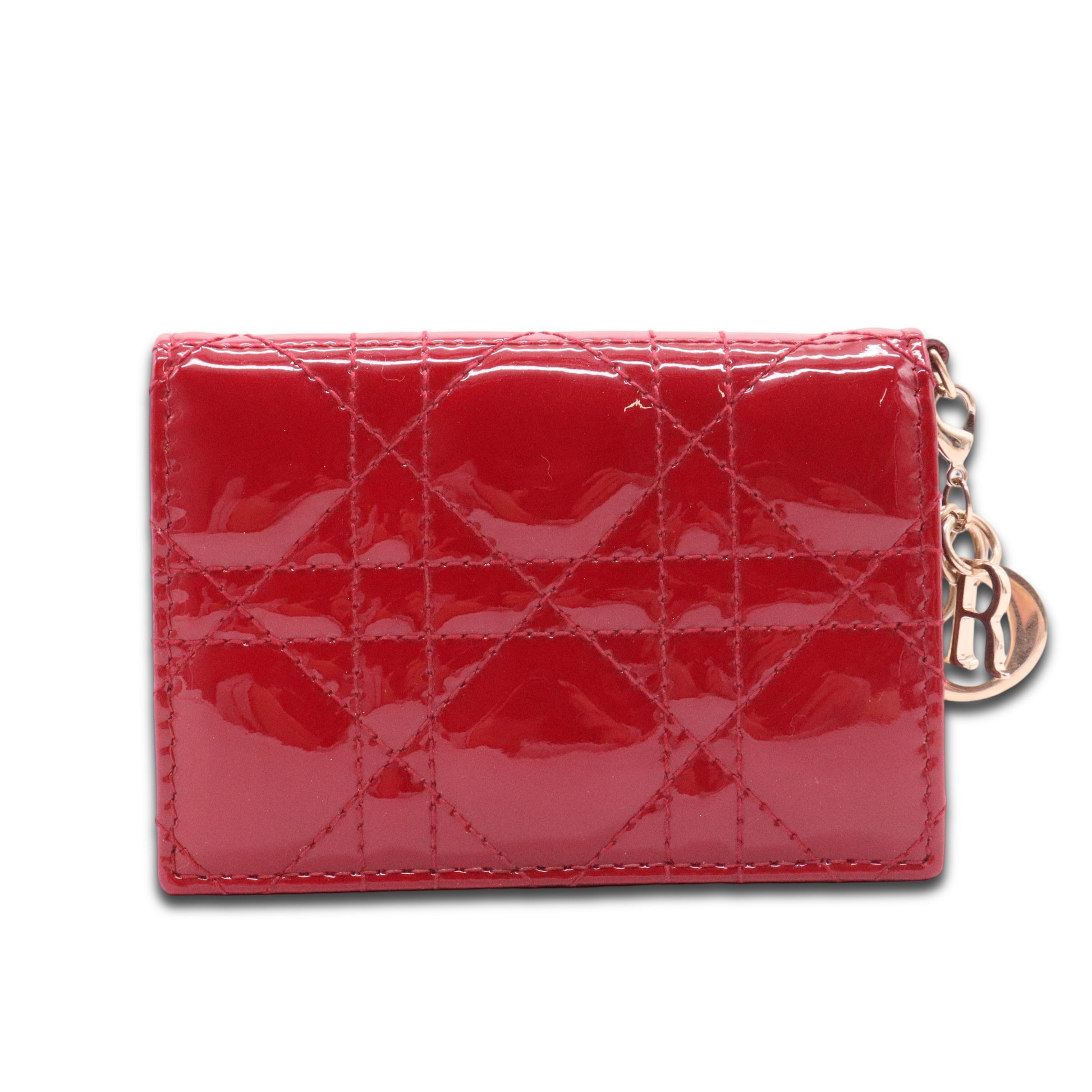 Patent Cannage Small Lady Dior Flap Card Holder Scarlet