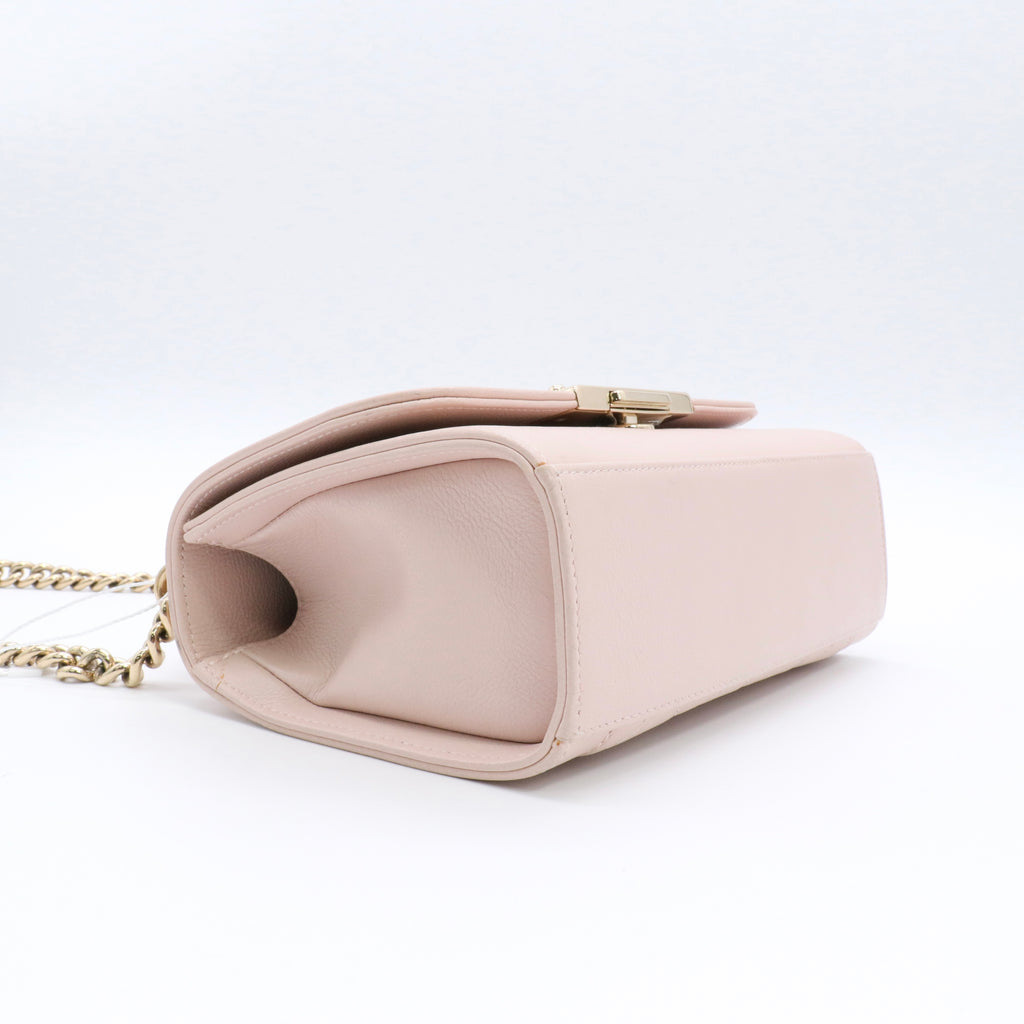 Grained Calfskin Quilted Small Label Click Flap Bag Pink twins