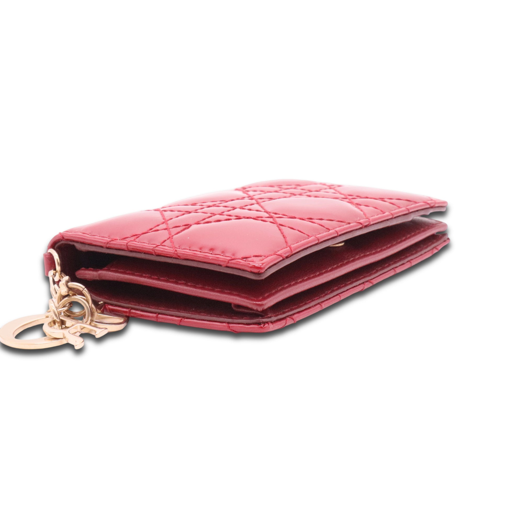 Patent Cannage Small Lady Dior Flap Card Holder Scarlet
