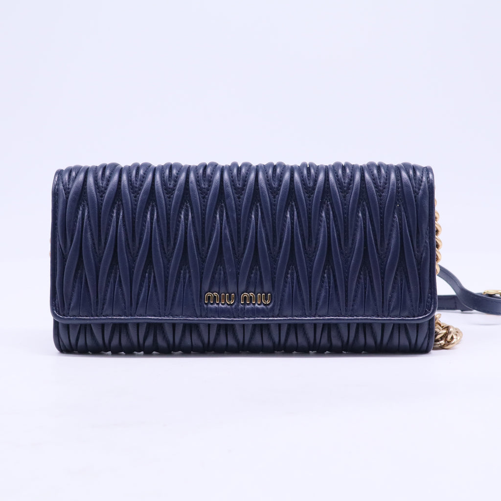 Blue Matelassé Leather Flap Wallet on Chain