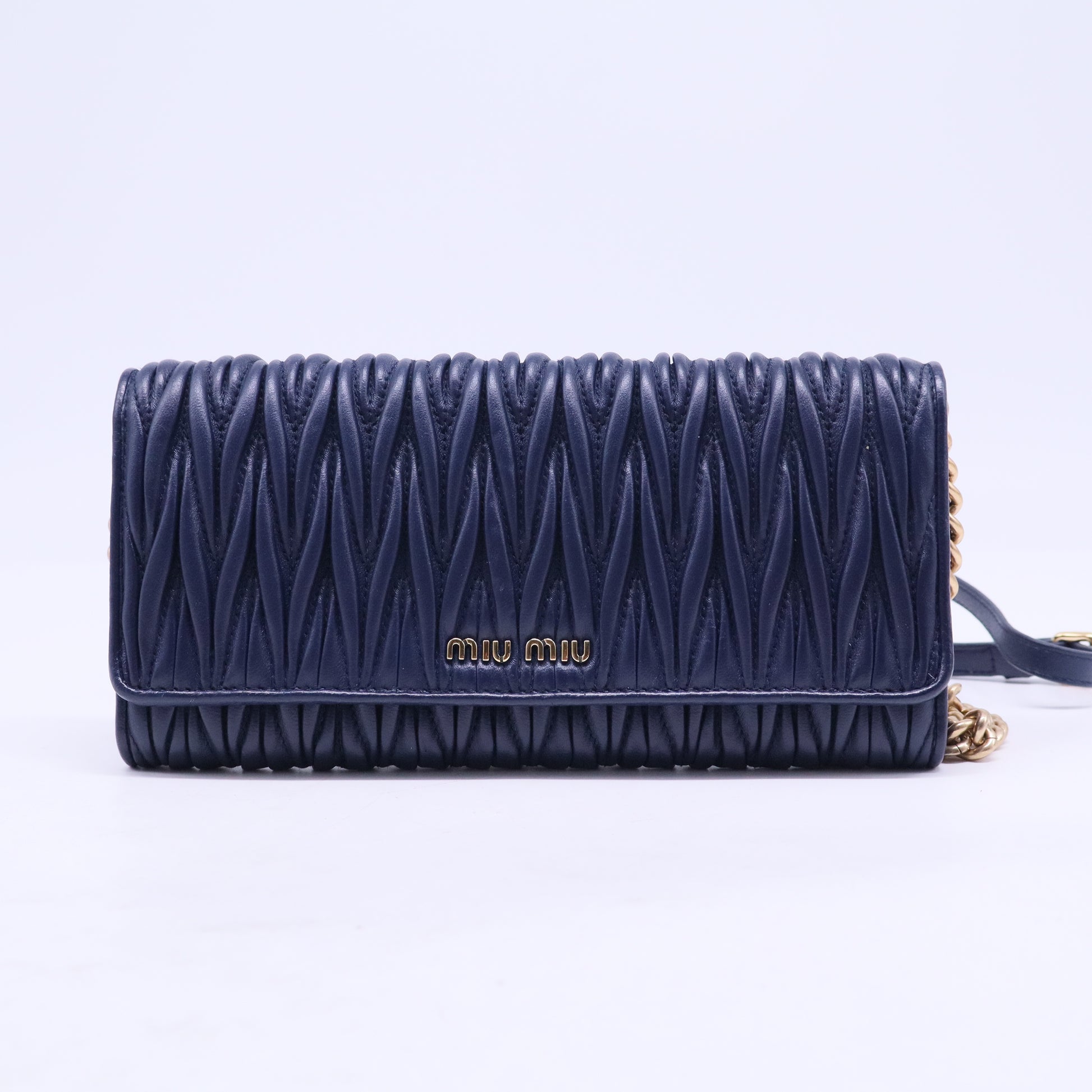 Blue Matelassé Leather Flap Wallet on Chain