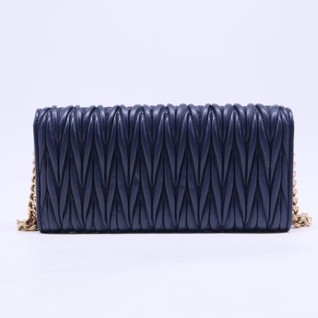 Blue Matelassé Leather Flap Wallet on Chain