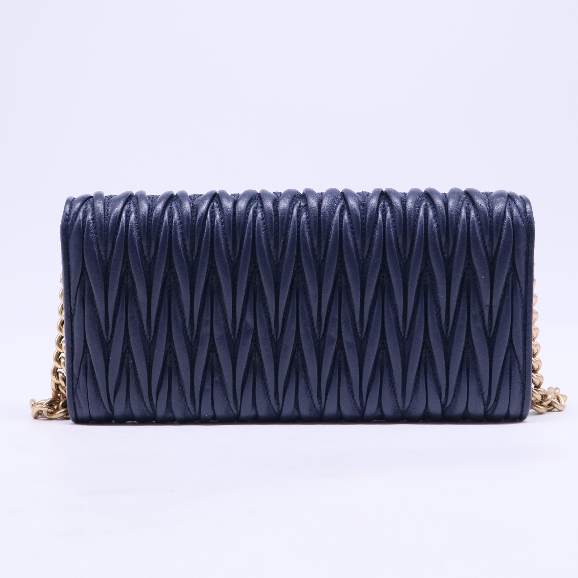 Blue Matelassé Leather Flap Wallet on Chain