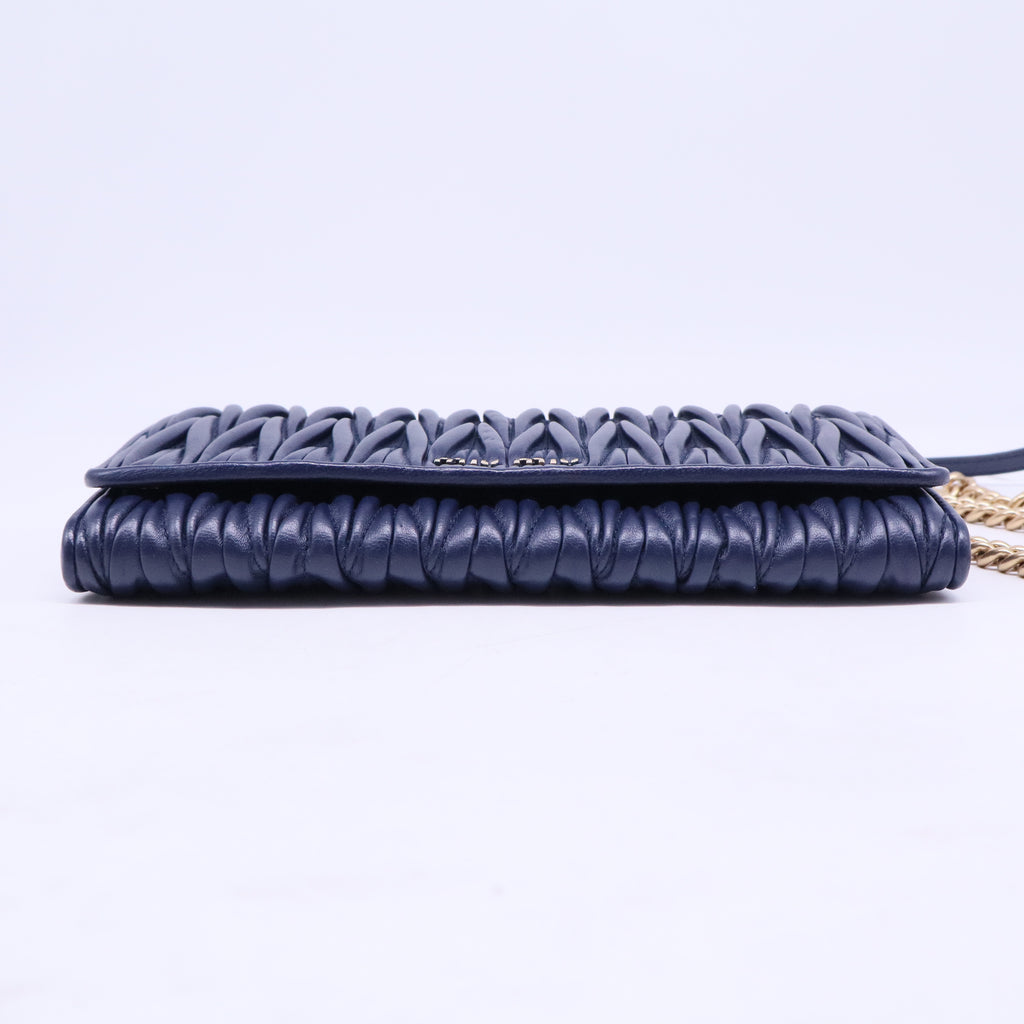 Blue Matelassé Leather Flap Wallet on Chain
