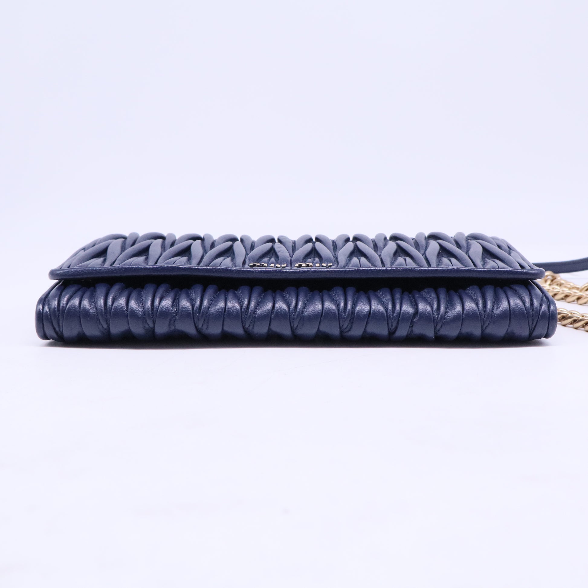 Blue Matelassé Leather Flap Wallet on Chain