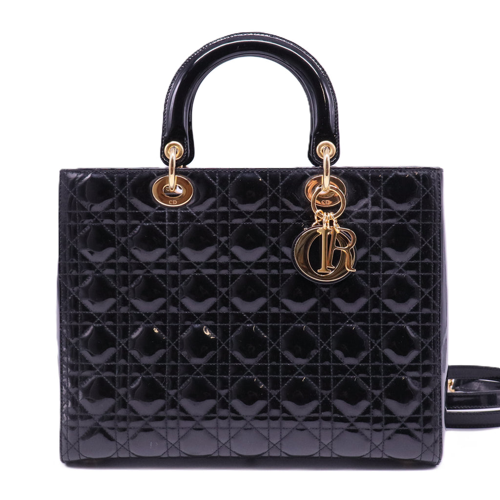 Authentic Christian Dior Lady Dior Large Patent Leather in Black with Gold HW