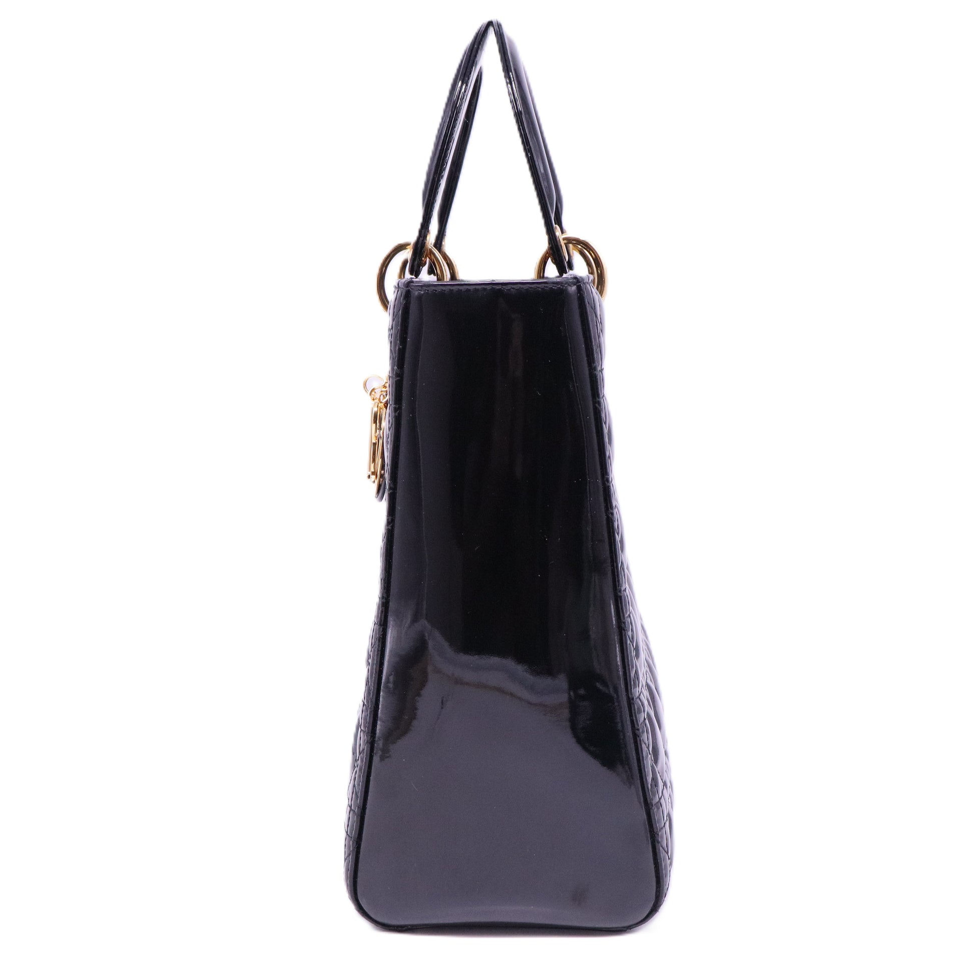 Authentic Christian Dior Lady Dior Large Patent Leather in Black with Gold HW