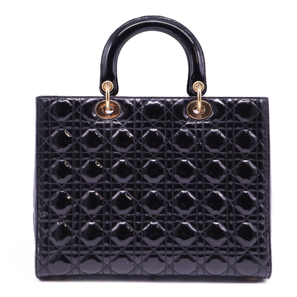 Authentic Christian Dior Lady Dior Large Patent Leather in Black with Gold HW