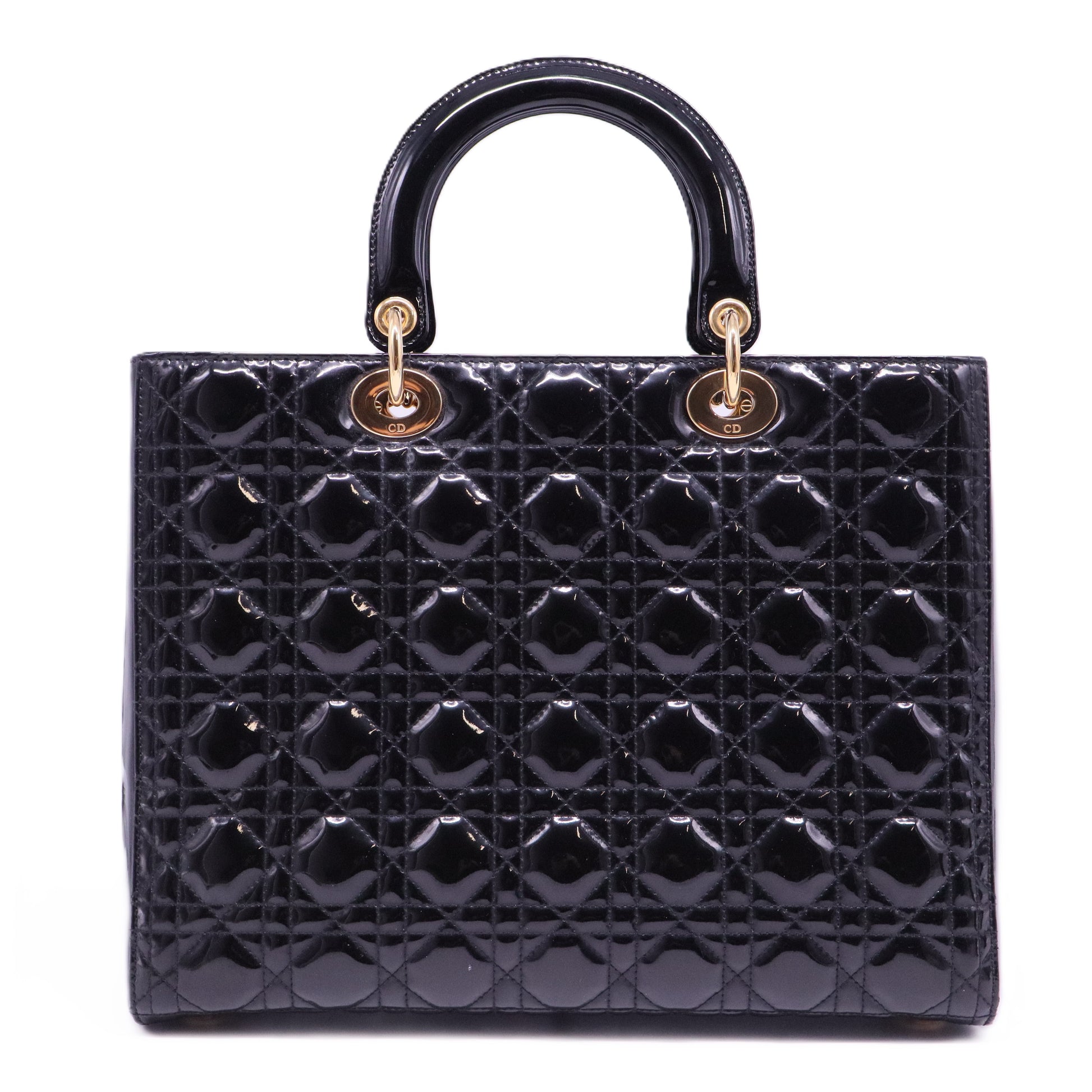 Authentic Christian Dior Lady Dior Large Patent Leather in Black with Gold HW