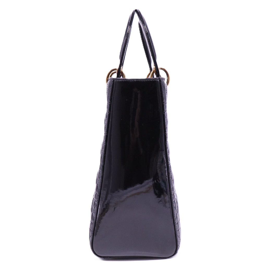 Authentic Christian Dior Lady Dior Large Patent Leather in Black with Gold HW