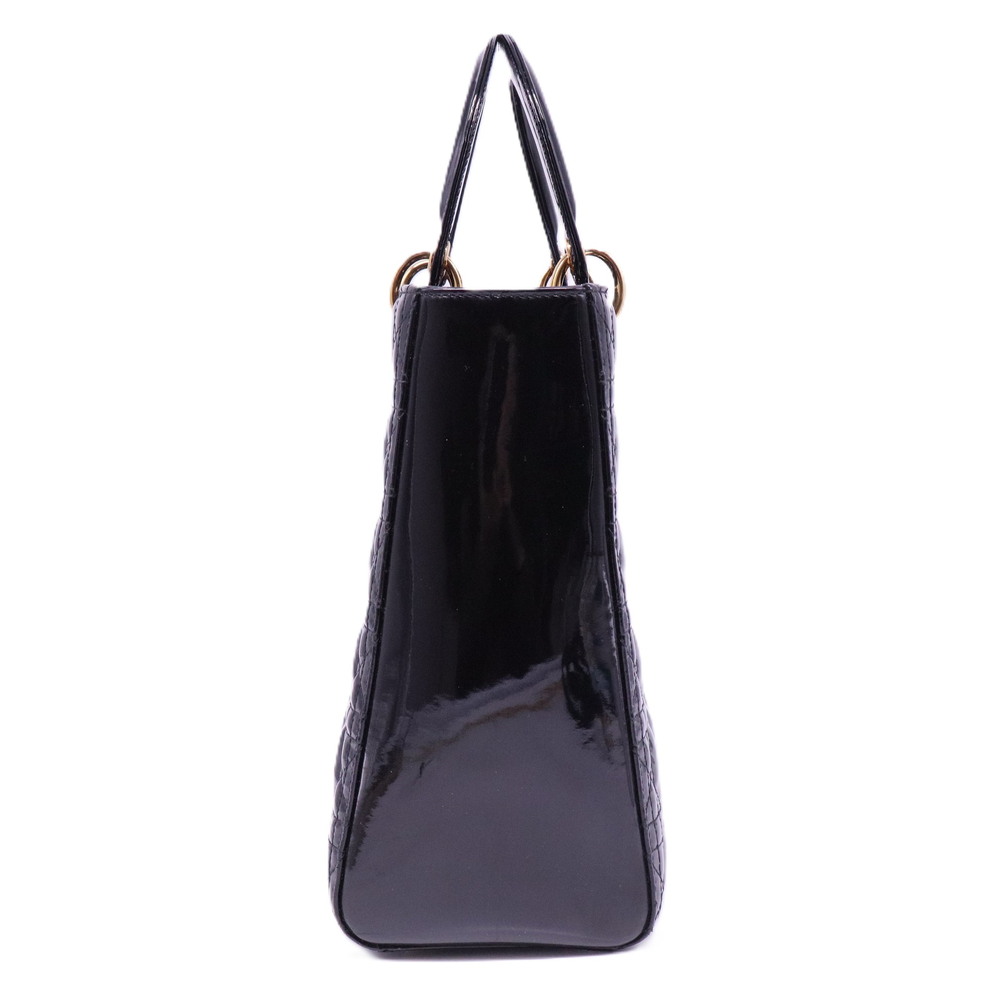 Authentic Christian Dior Lady Dior Large Patent Leather in Black with Gold HW