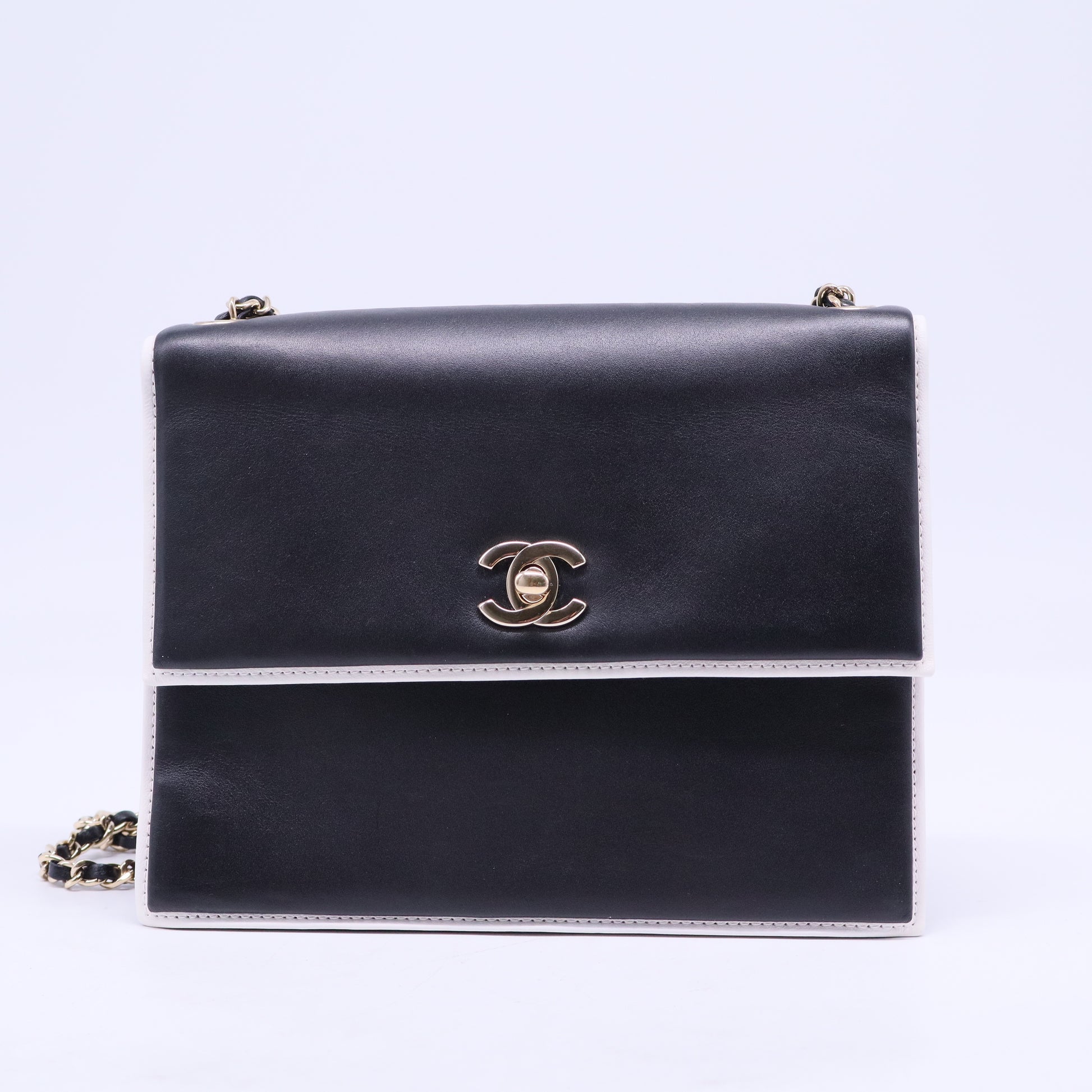 Black & White Calfskin Leather Square Frame Single Flap Bag
