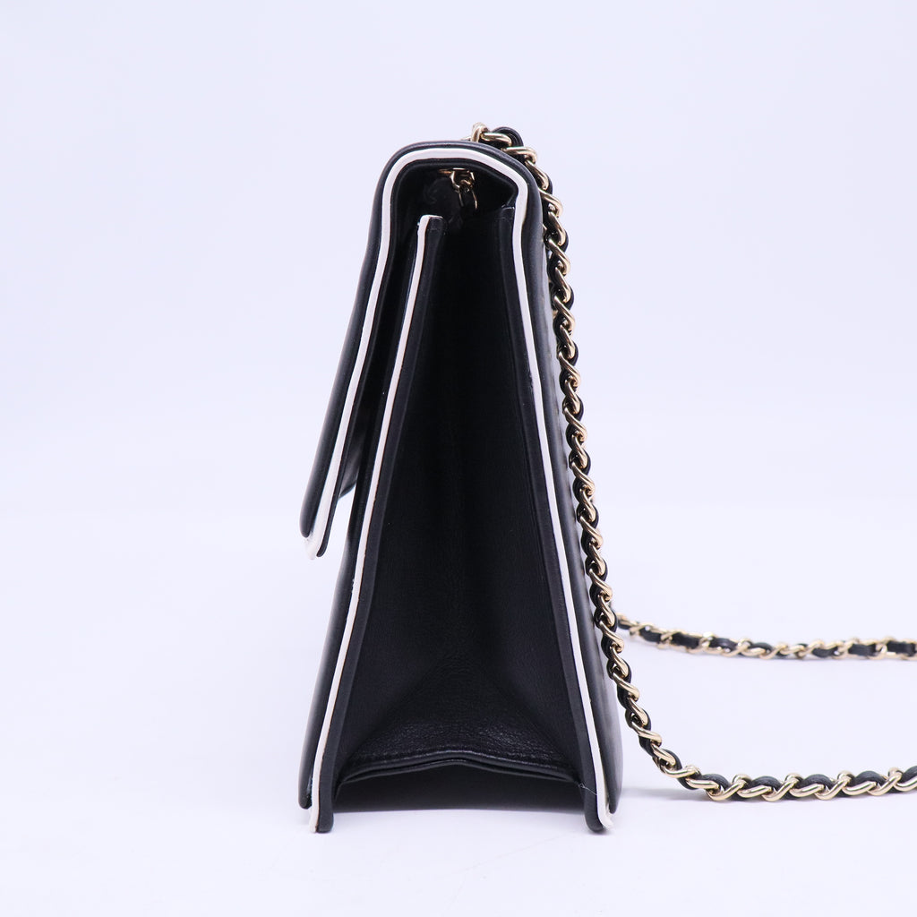 Black & White Calfskin Leather Square Frame Single Flap Bag