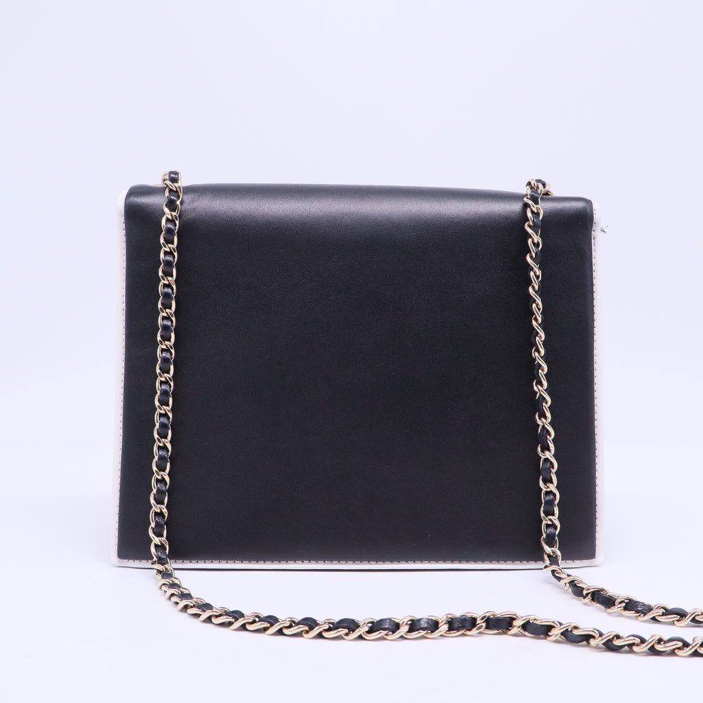 Black & White Calfskin Leather Square Frame Single Flap Bag