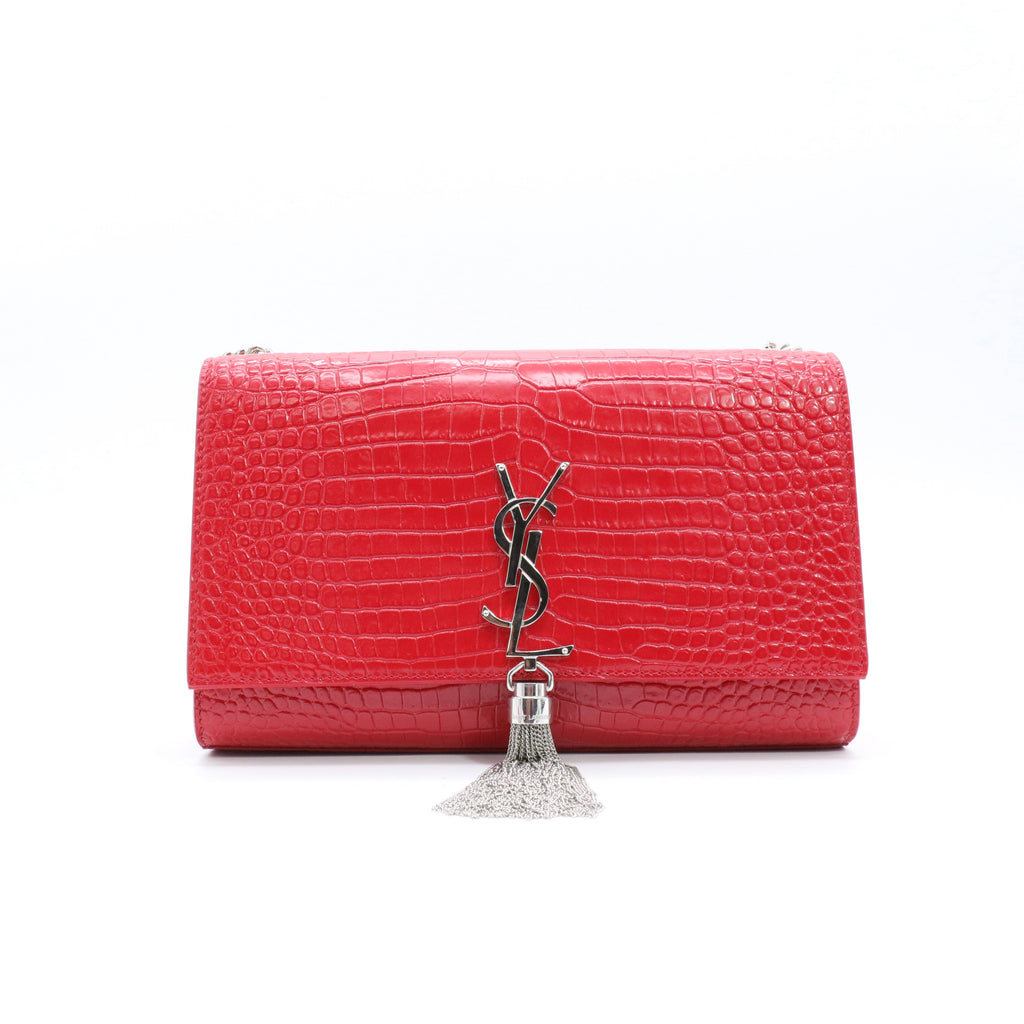 Calfskin Crocodile Embossed Medium Classic Monogram Kate Tassel Satchel Red twins