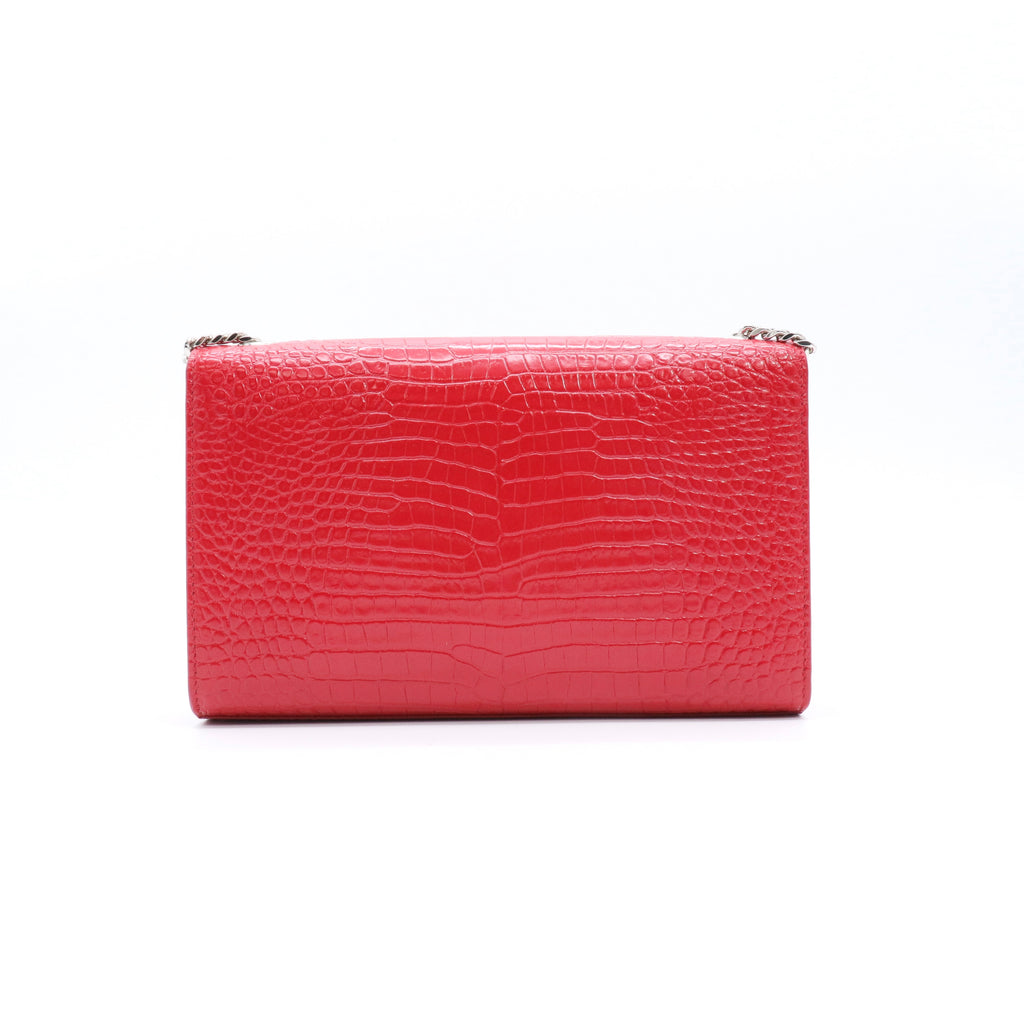 Calfskin Crocodile Embossed Medium Classic Monogram Kate Tassel Satchel Red twins