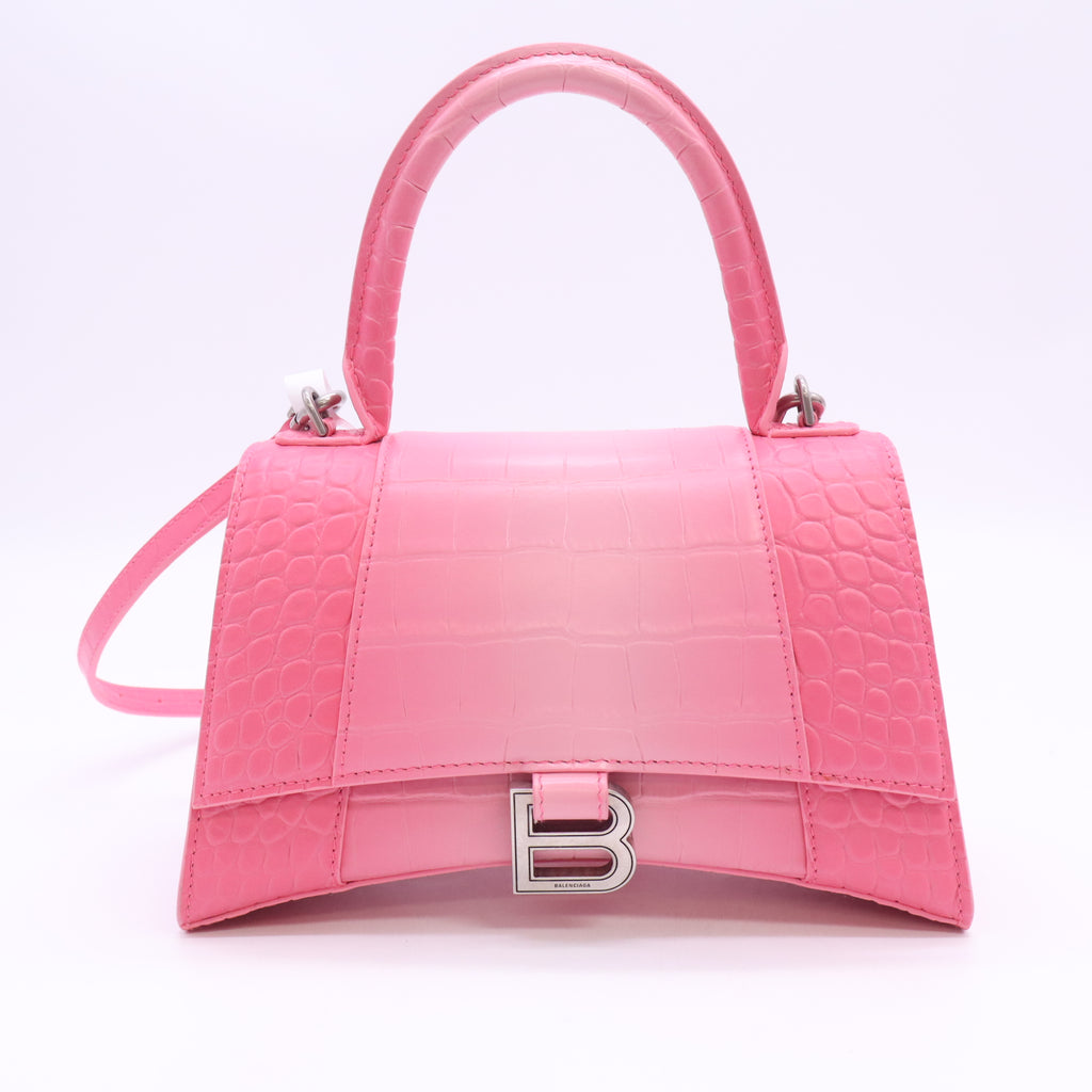 Shiny Calfskin Crocodile Embossed Small Hourglass Top Handle Bag Candy Pink B24931