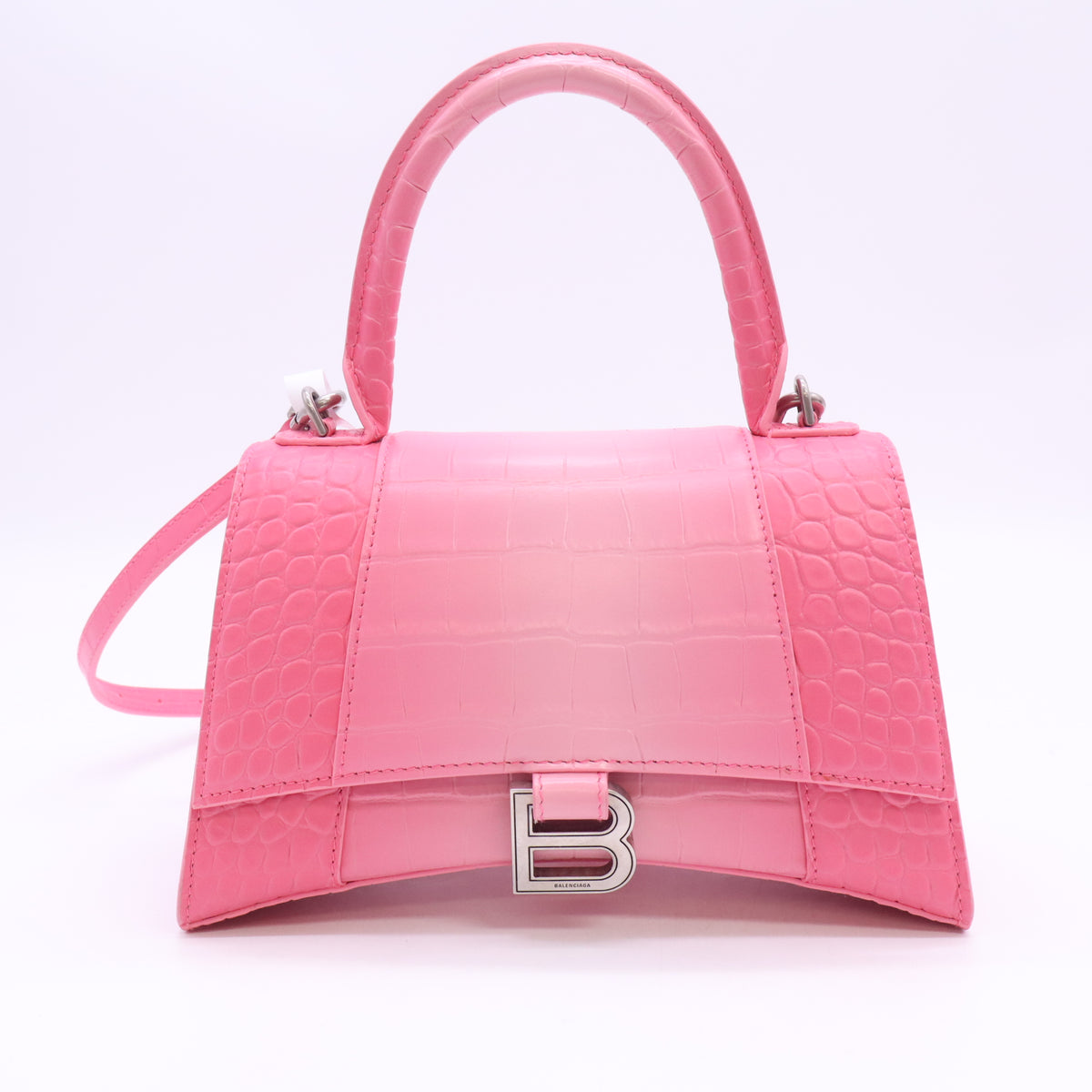 Shiny Calfskin Crocodile Embossed Small Hourglass Top Handle Bag Candy Pink B24931