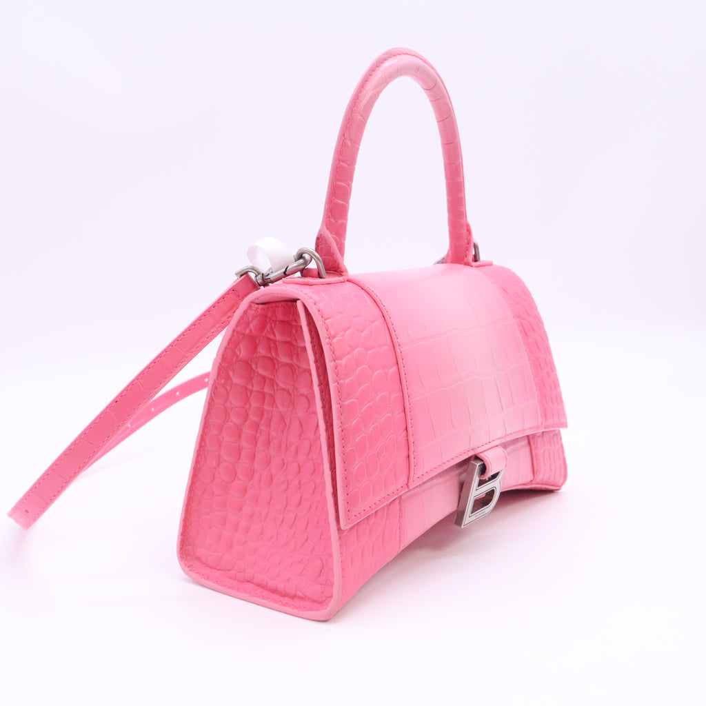 Shiny Calfskin Crocodile Embossed Small Hourglass Top Handle Bag Candy Pink B24931