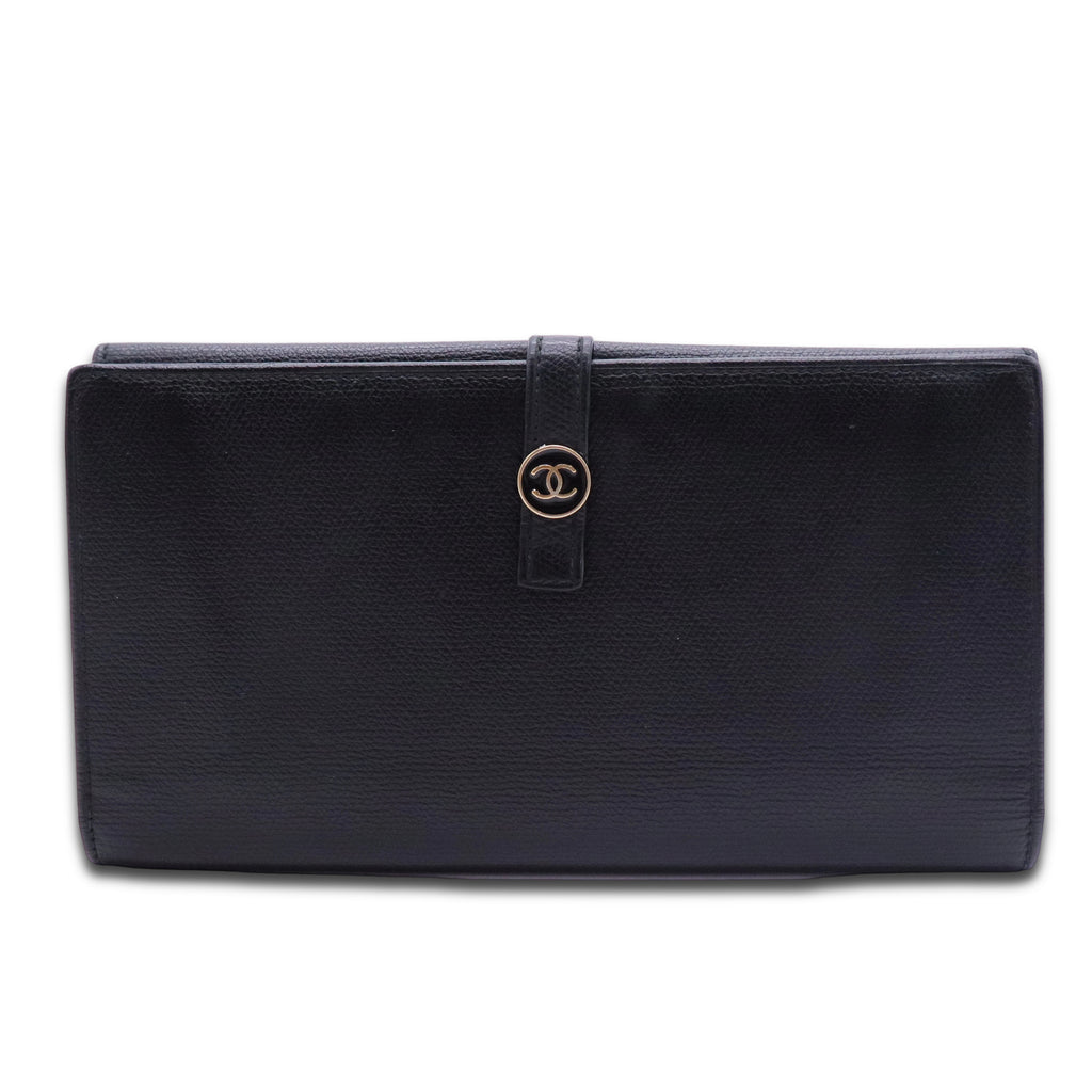 Grained Calfskin CC Button Long Wallet Black